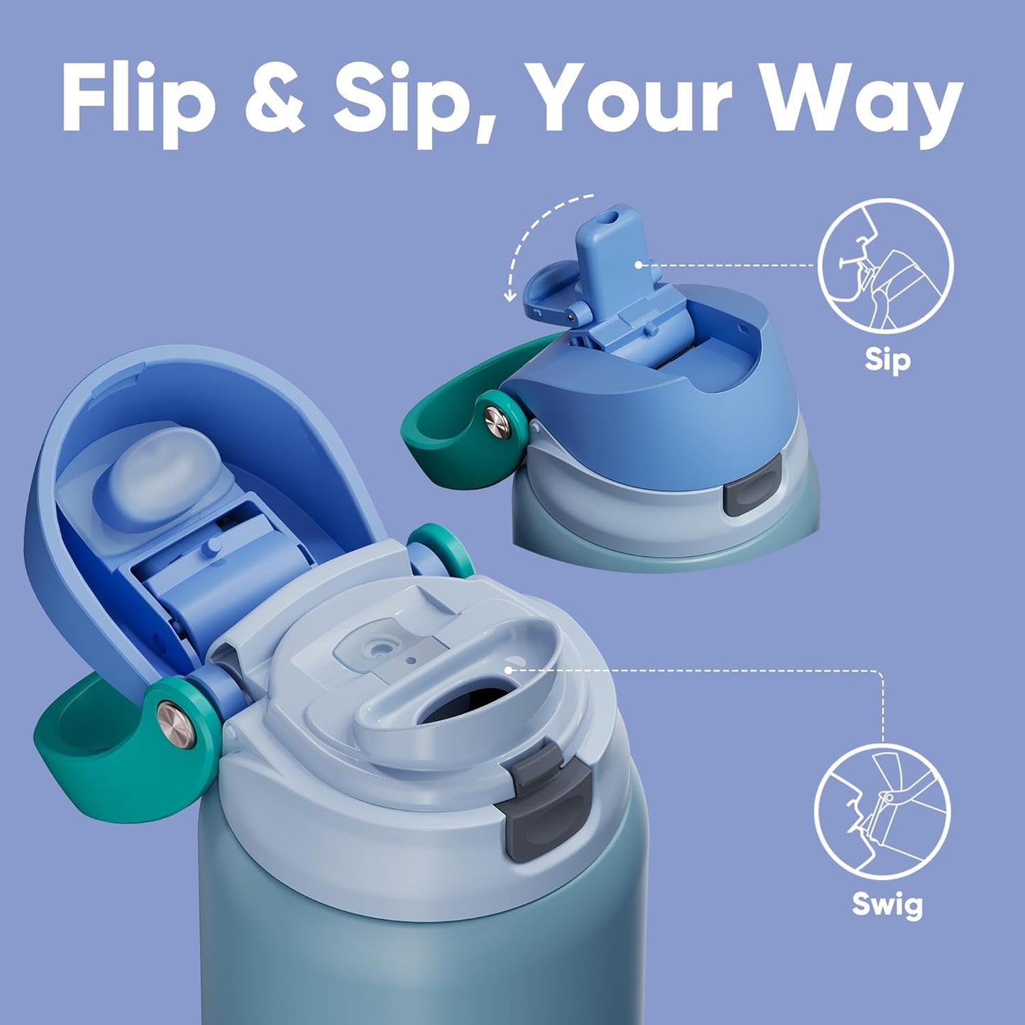 Insulated Stainless Steel Water Bottle with Straw - Leak Proof Sports Water Bottle for School, Travel, Keeps Cold All Day, One-Touch Flip Lid, Bpa-Free, 24 Oz, Teal Blue