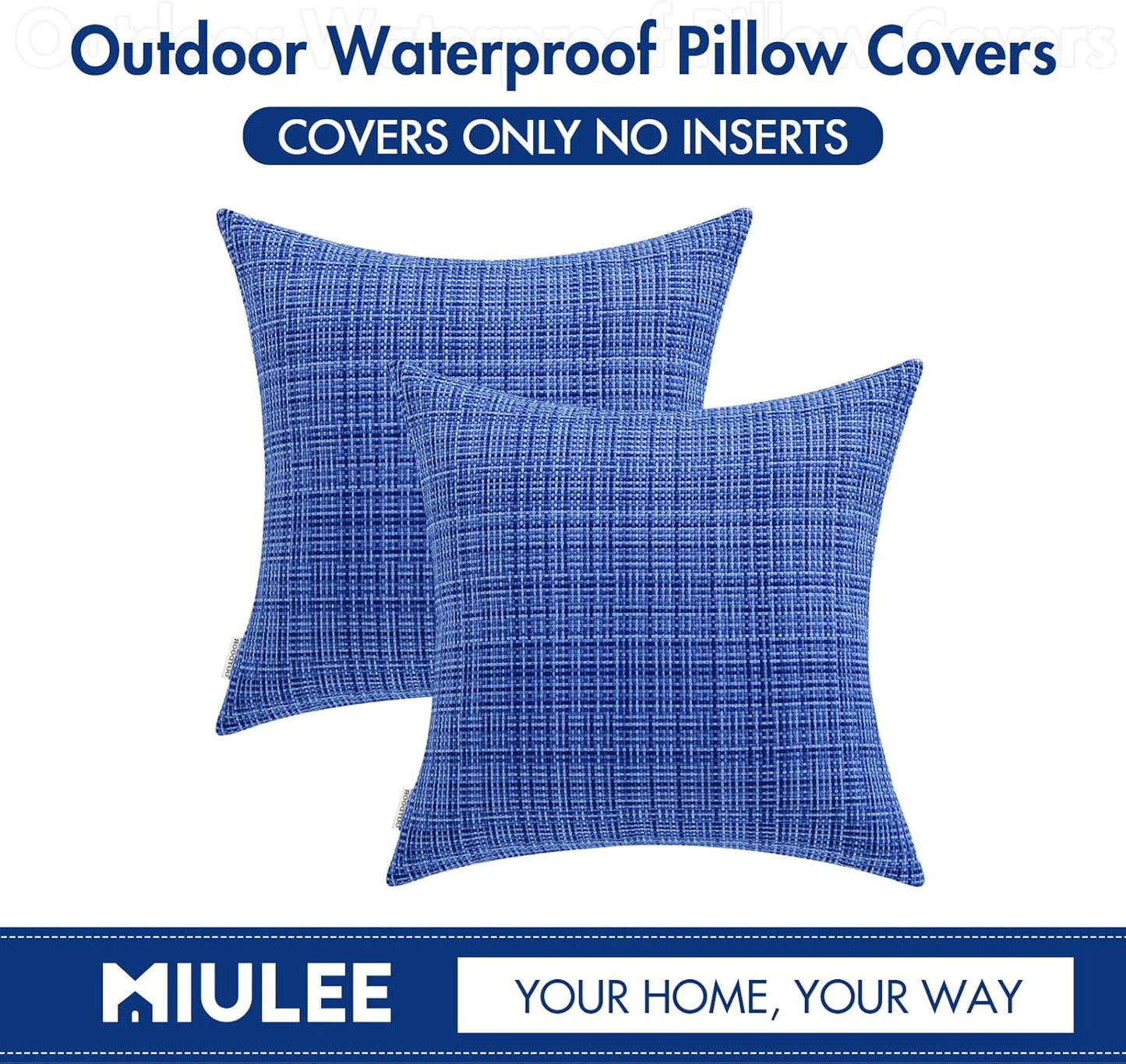 Outdoor Waterproof Throw Pillow Covers Decorative Farmhouse Water Resistant Cushion Covers for Tent Patio Garden Couch Sofa Pack of 2, 20X20 Inch Blue