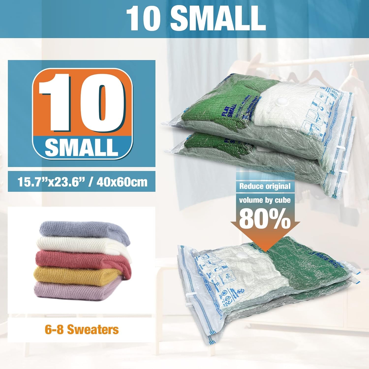 Vacuum Storage Bags, 10 Small Space Saver Vacuum Seal Bags, Space Bags, Vacuum Sealer Bags for Clothes with Travel Hand Pump (10S)