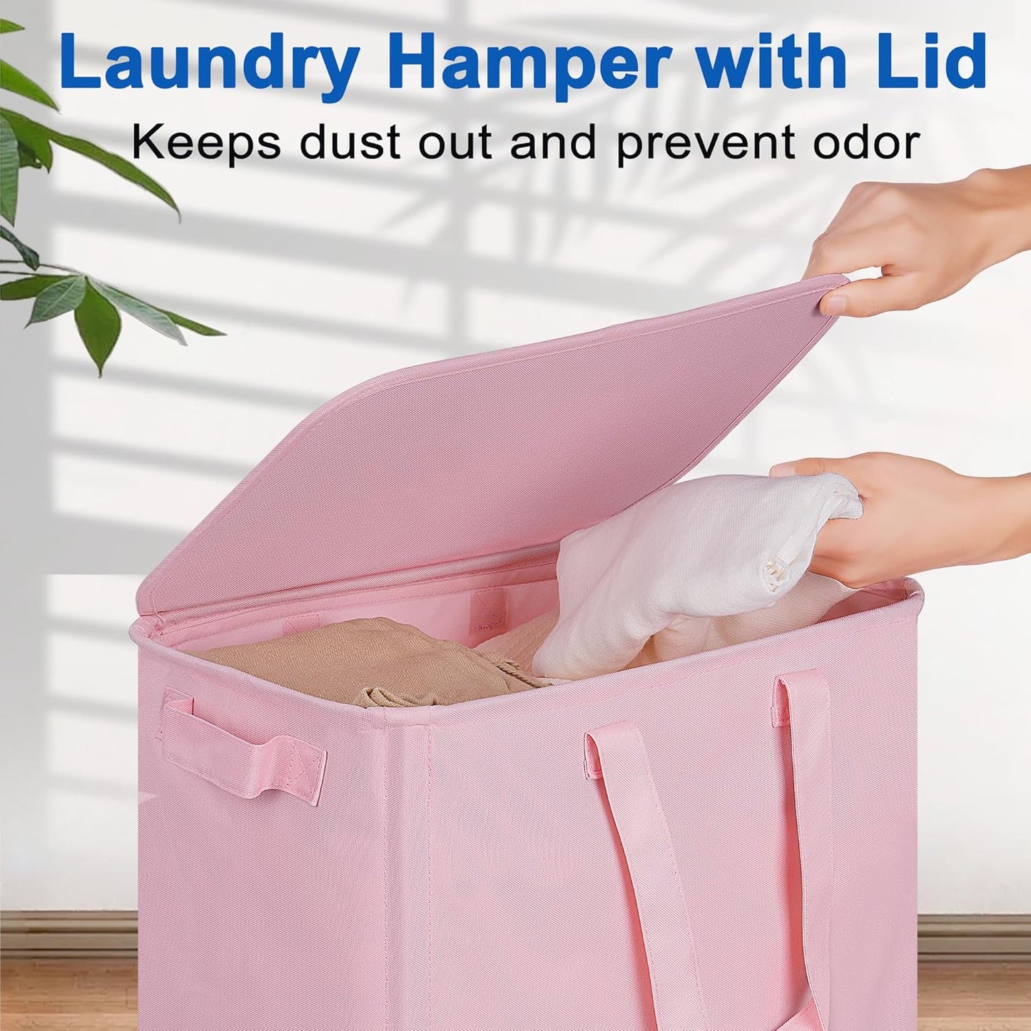 Slim Laundry Hamper with Lid and Wheels, Small Rolling Laundry Basket with Handle for Small Spaces, Tall Dirty Clothes Hampers for Dorm, Bathroom and Bedroom, 75L, Pink