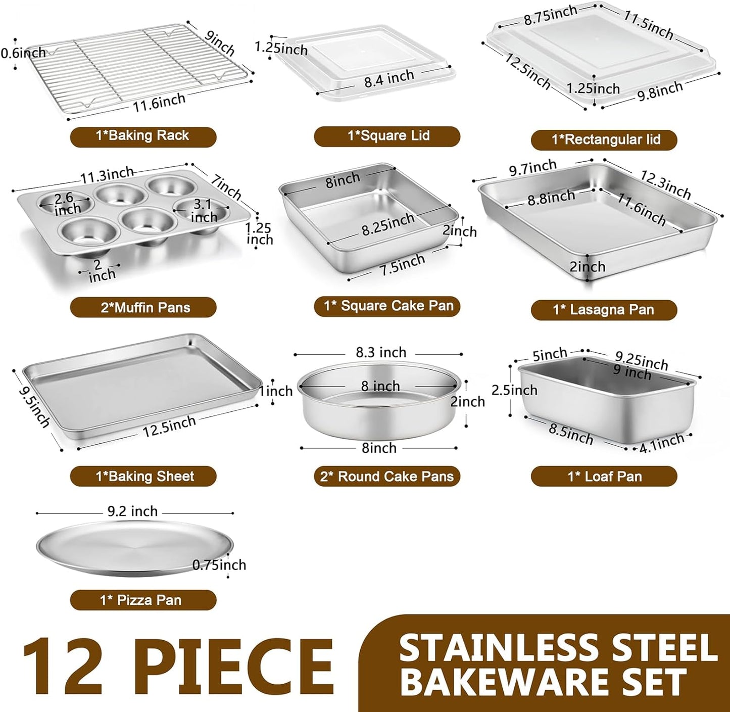 Stainless Steel Bakeware Set, 12-Piece Kitchen Baking Pans Set, Baking Sheet with Rack, Square Cake Pan with Lid, Lasagna Pan, Loaf Pan, Muffin Pan, Pizza Tray & 2 Covers, Easily Clean