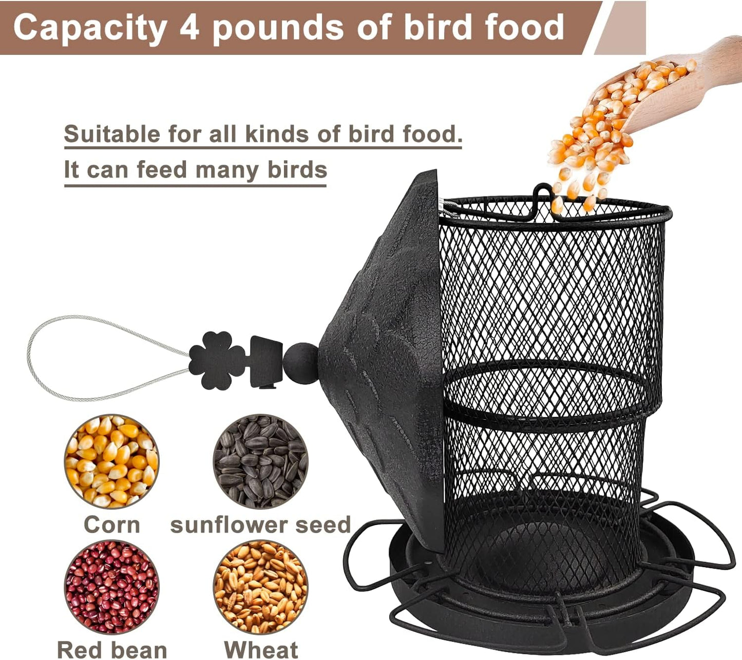 Metal Bird Feeder Tube Hanging Wild Bird Seed Feeder Squirrel Proof Birds Feeder for outside Decoration, Large Capacity Feeder for Outdoor Garden,Black