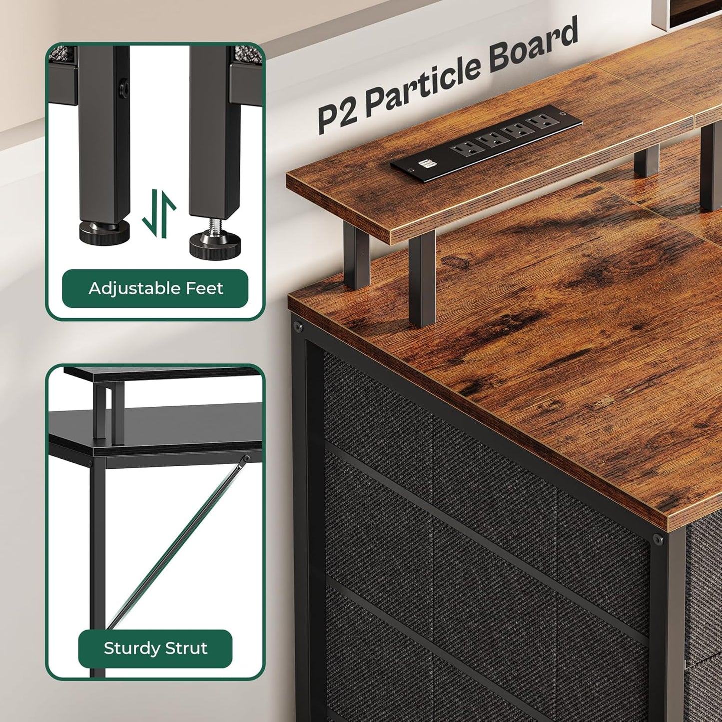 47-Inch Computer Desk with Integrated Power Outlets and LED Lighting, Gaming and Office Desk Featuring 4 Drawers and Monitor Stand, Ideal for Home Office and Small Spaces, Rustic Brown Finish