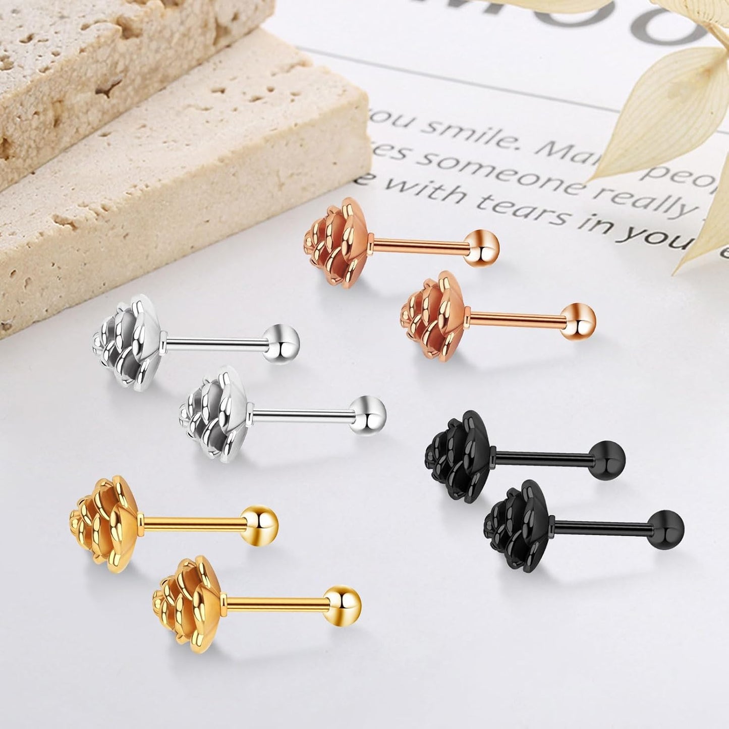 14K Gold Plated Rose Flower Stud Earrings for Women,Hypoallergenic Screw Back Earrings,Earrings Jewelry Gifts for Women(Silver)