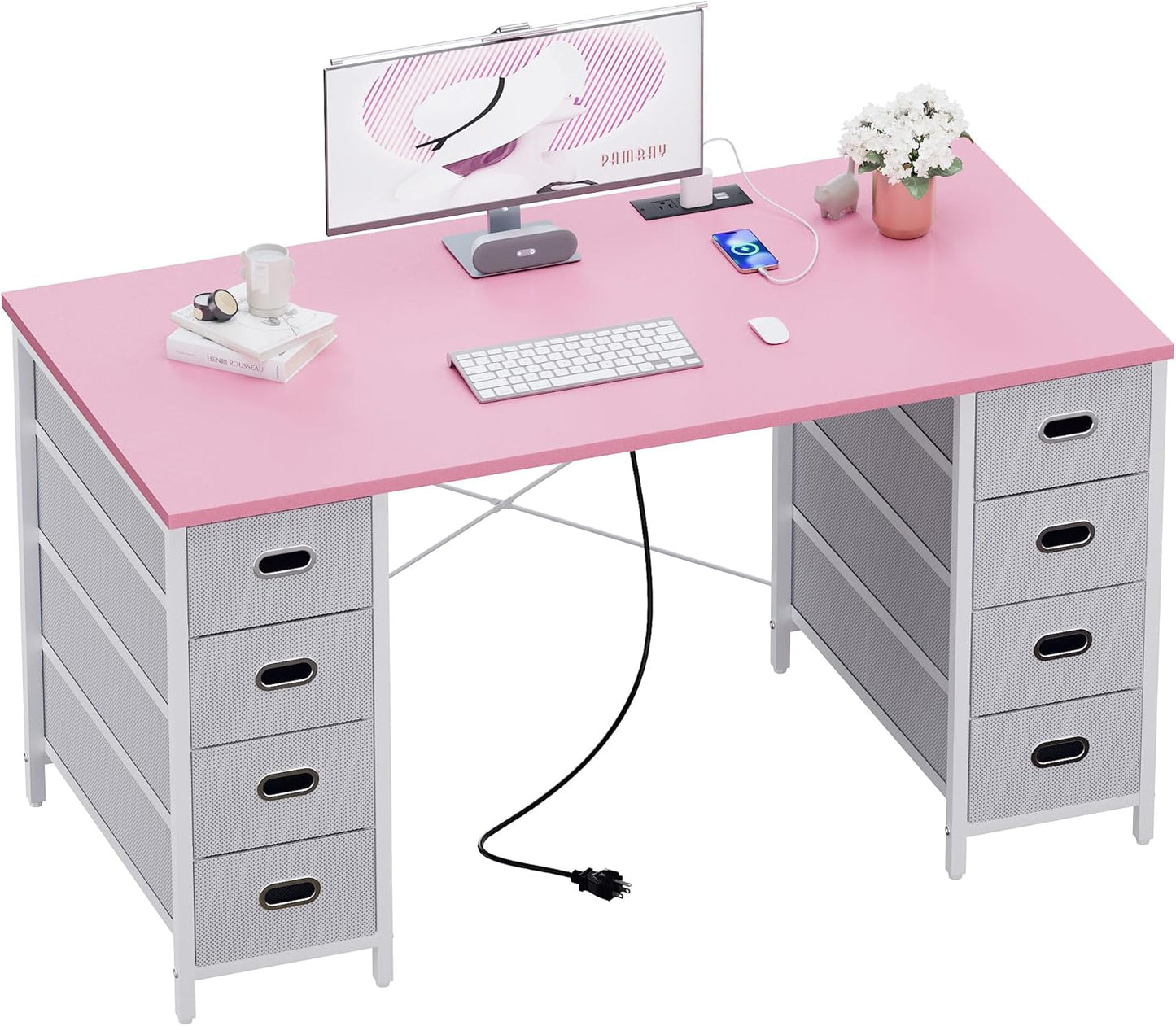 47 Inch Computer Desk with 8 Fabric Drawers and Power Outlet PC Gaming Desk Home Office Study Work Writing Table for Bedroom Pink