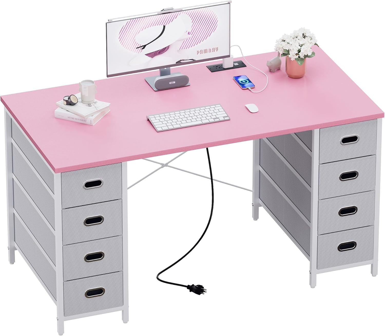 47 Inch Computer Desk with 8 Fabric Drawers and Power Outlet PC Gaming Desk Home Office Study Work Writing Table for Bedroom Pink