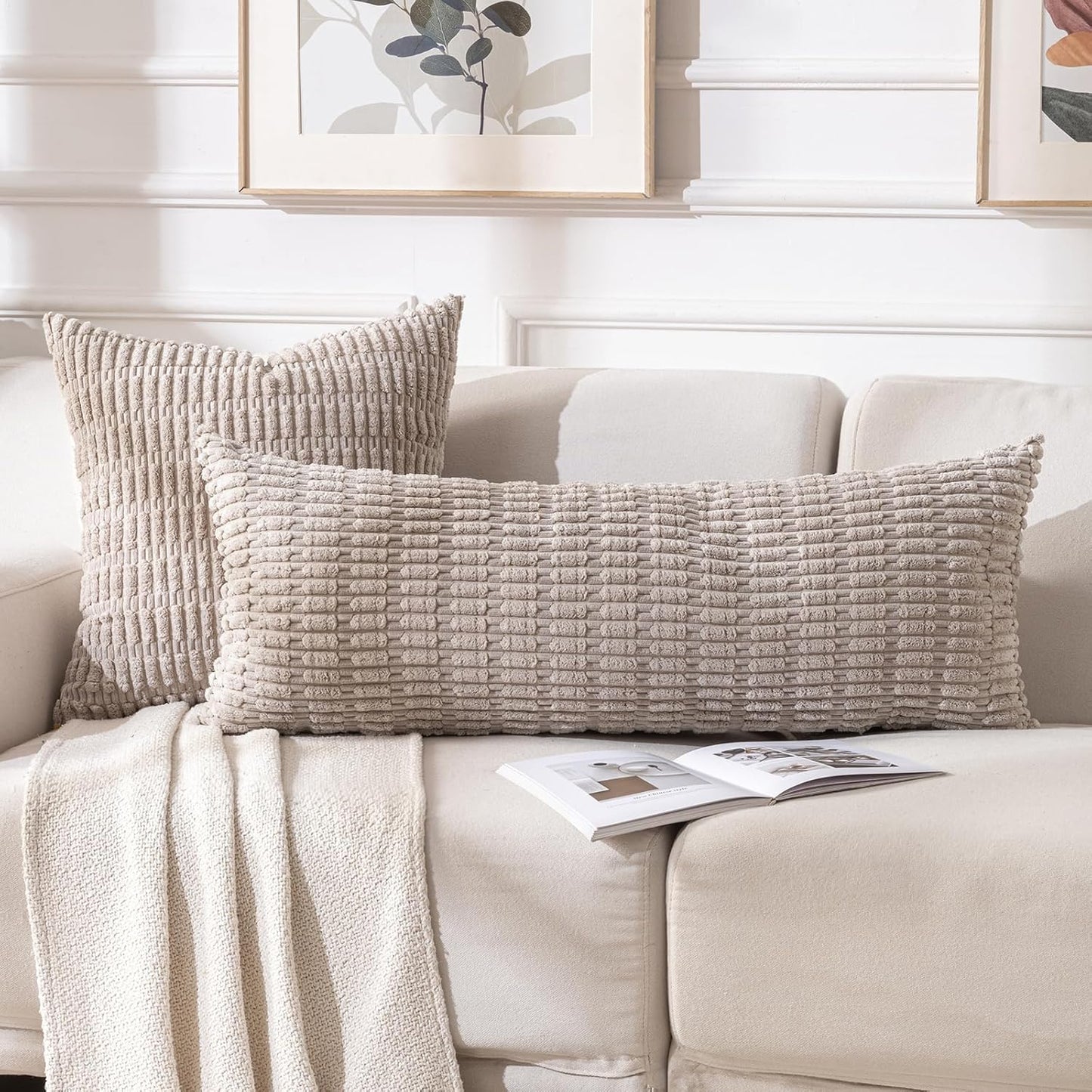 Taupe Long Lumbar Decorative Throw Pillow Covers 14X36 Inch for Bed Couch Bed Sofa, Rustic Farmhouse Boho Room Decor, Soft Striped Corduroy Rectangle Cushion Case 35X91 Cm