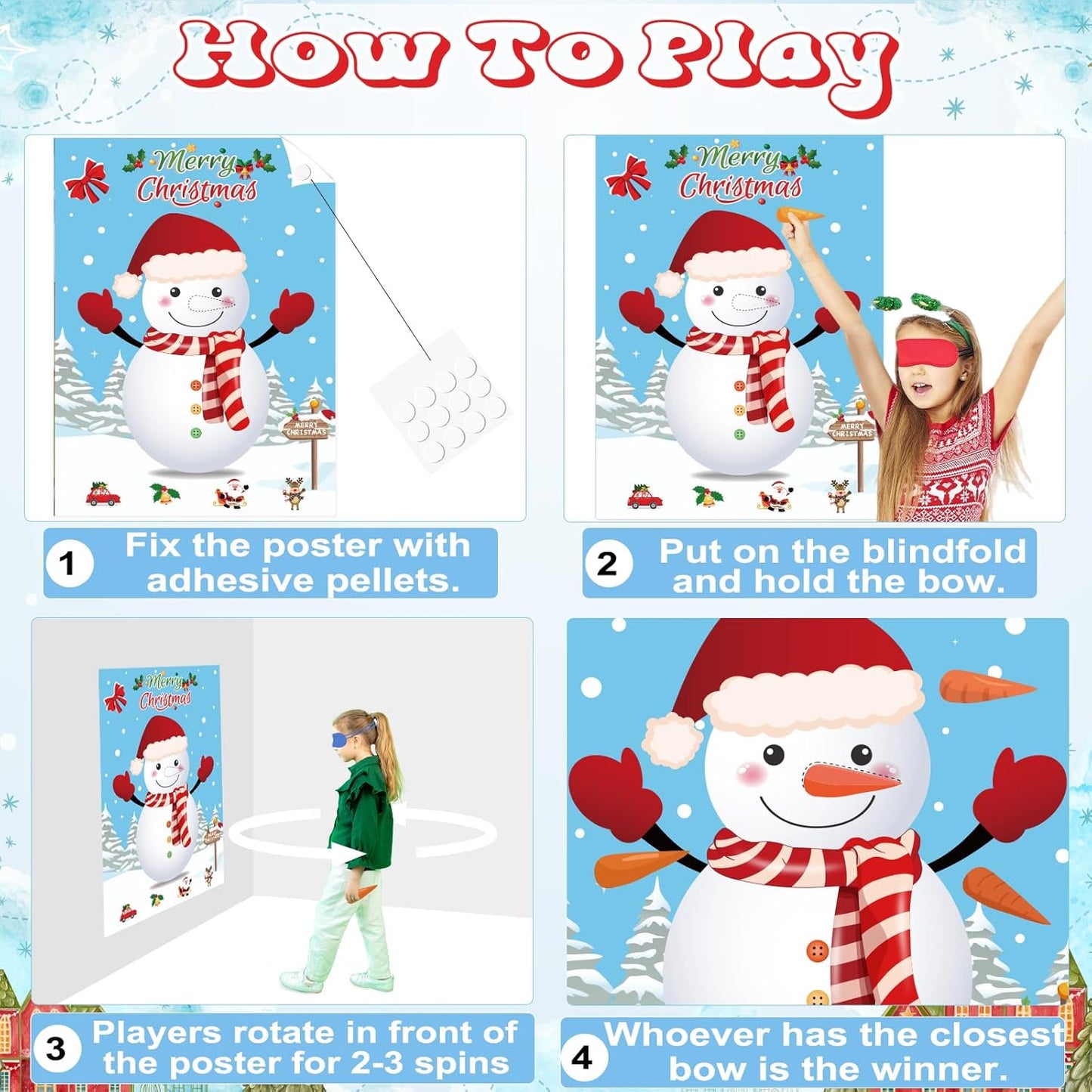 Pin the Nose on the Snowman Game, Christmas Games, Christmas Party Activities with 36 Pcs Nose Stickers and Blindfold for Kids, Adults, Family Holiday Fun