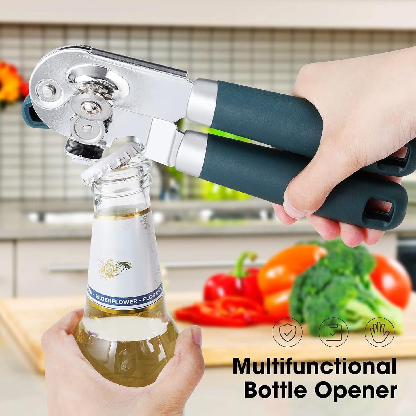 Can Opener Manual with Magnet, Hand Held Heavy Duty Can Opener with Durable Sharp Blade Smooth Edge, Big Effort-Saving Knob, Soft Grip Rubber Handle, Multifunctional Bottle Opener, Green