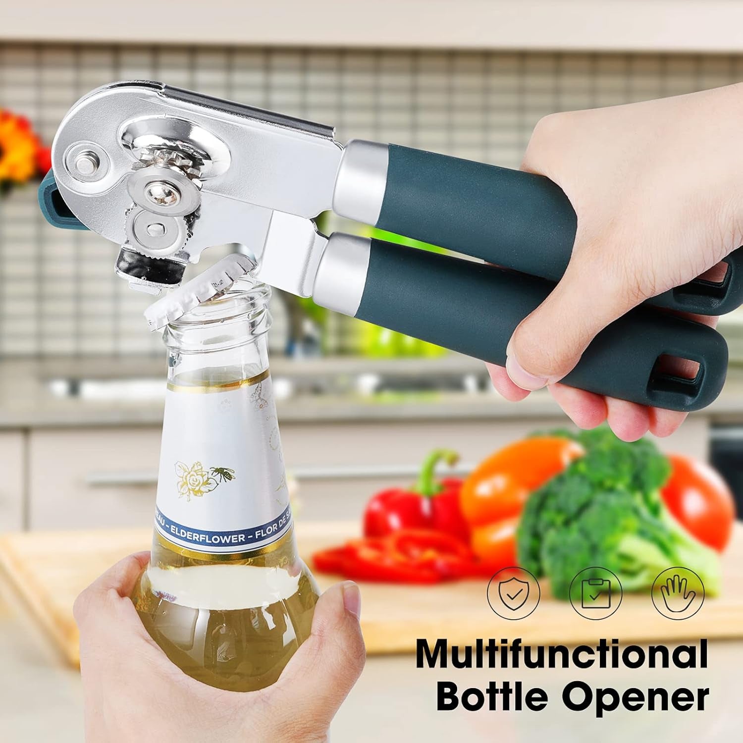 Can Opener Manual with Magnet, Hand Held Heavy Duty Can Opener with Durable Sharp Blade Smooth Edge, Big Effort-Saving Knob, Soft Grip Rubber Handle, Multifunctional Bottle Opener, Green