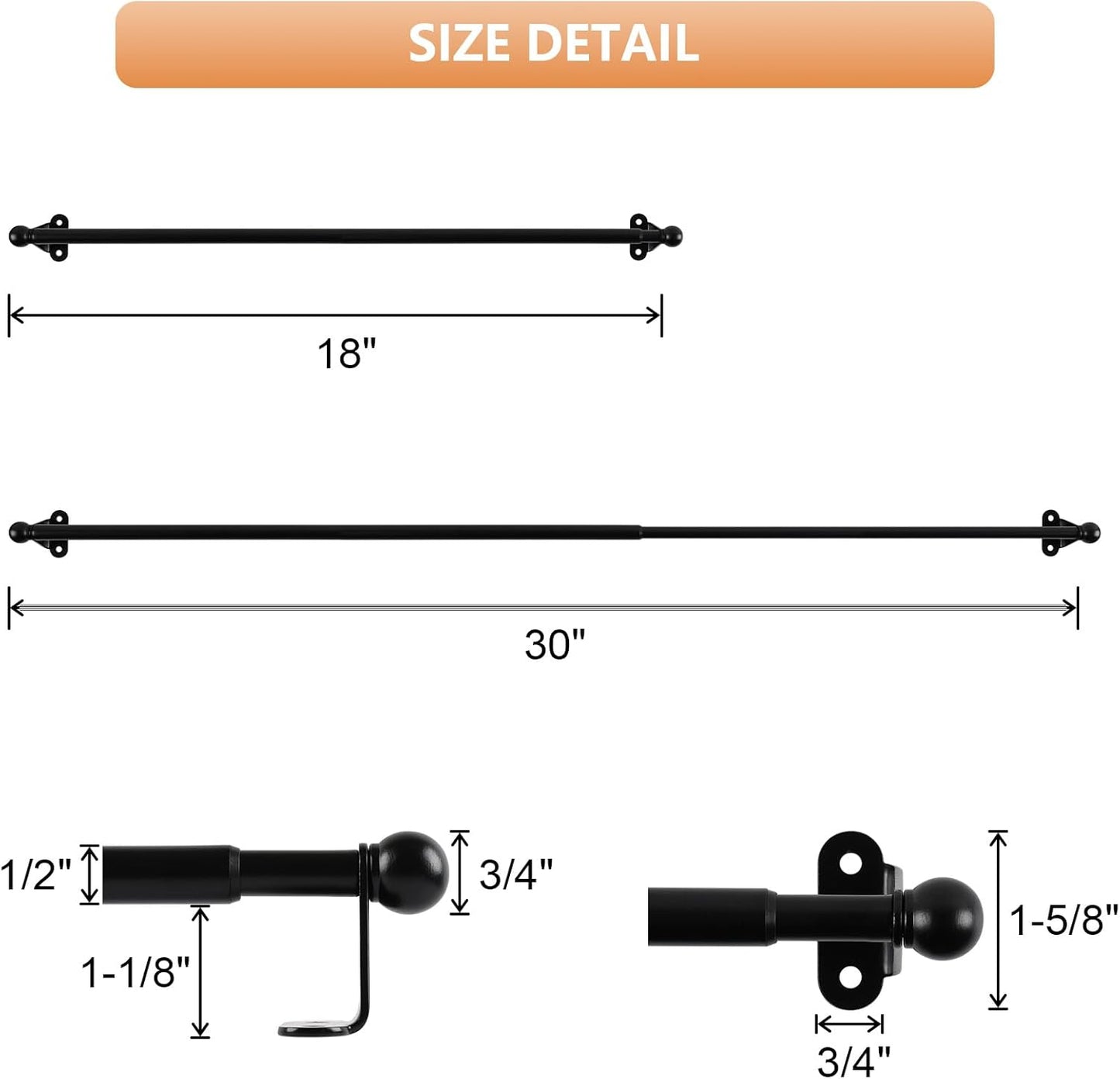 2 Pack Small Curtain Rod 18-30 Inch, 1/2" Diameter, Cafe Door Curtain Window Rod, Adjustable Drapery Rods with Brackets (Black)