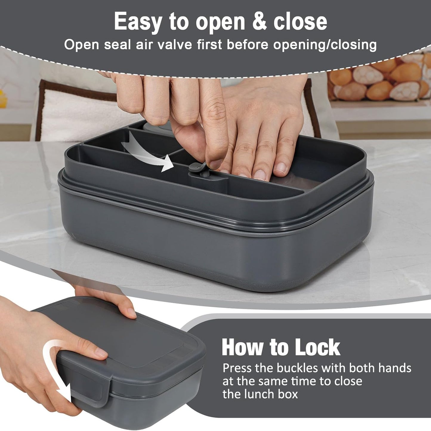 Stackable Bento Lunch Box for Adults and Teens - Durable Leak-Proof 4-Compartment Container with Utensils and Sauce Container, BPA-Free, Dishwasher and Microwave Safe, 47 Oz (Dark Gray)