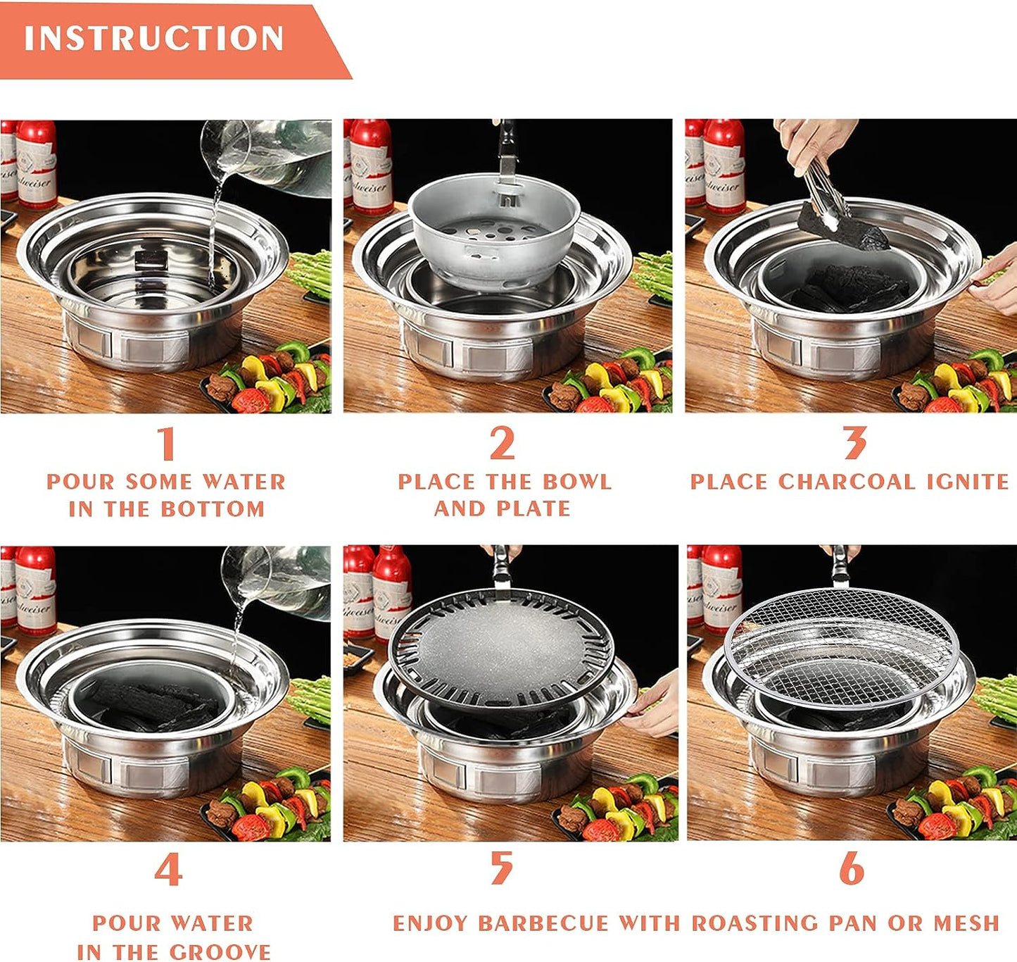 Puraville Charcoal Barbecue Grill, 13.7 Inches Non-Stick Korean BBQ Grill, Portable Stainless Steel Charcoal Stove for Home Party Outdoor Camping