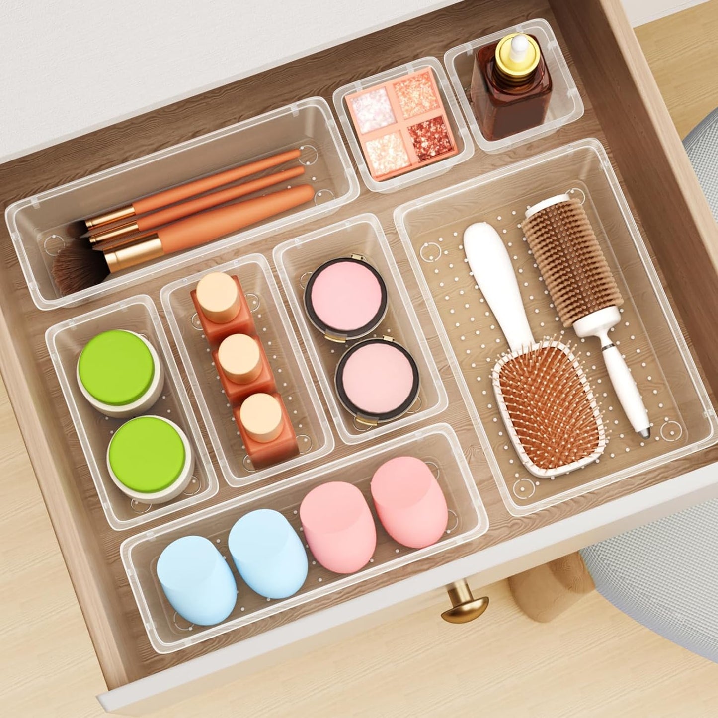 12 PCS Drawer Organizer Set, 4 Sizes Storage Drawer Units, Clear Plastic Makeup Vanity Organizer and Storage Bins for Makeup, Stationeries, Multiple Gadgets for Bathroom, Office, Bedroom