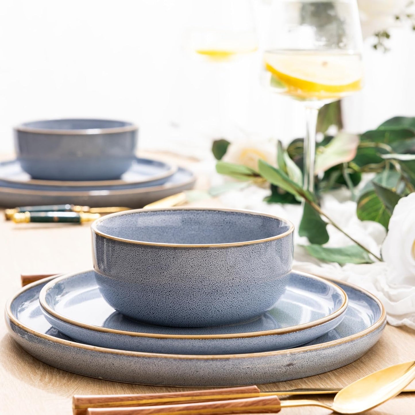 Ceramic Dinnerware Set for Four - 12-Piece Stoneware Plate and Bowl Collection, Scratch-Resistant, Dishwasher and Microwave Safe, Brunnera Blue