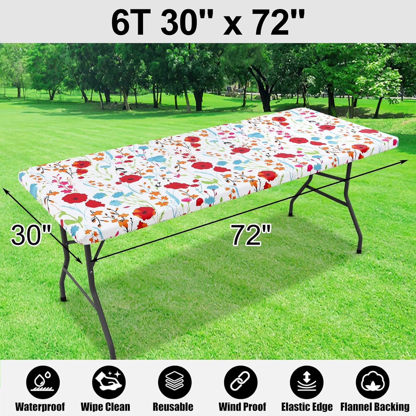Rectangle Picnic Tablecloth, Waterproof Elastic Fitted Table Covers for 6 Foot Tables, Wipeable Flannel Backed Vinyl Tablecloths for Camping, Indoor, Outdoor (Flowers, 30X72 Inches)
