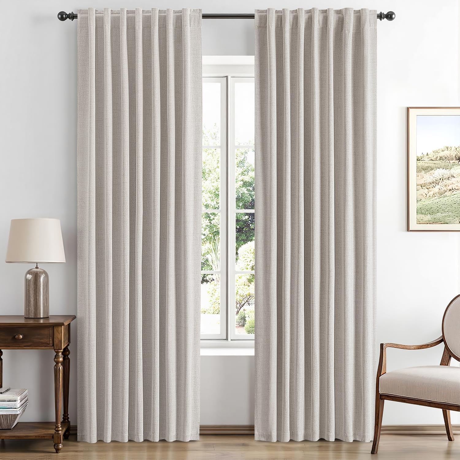 Luxury Ivory Blackout Linen Curtains for Bedroom and Living Room, Thermal Insulation Room Darkening Drapes, 42 x 84 Inches, Set of 2 Panels with Back Tab Rod Pocket Design