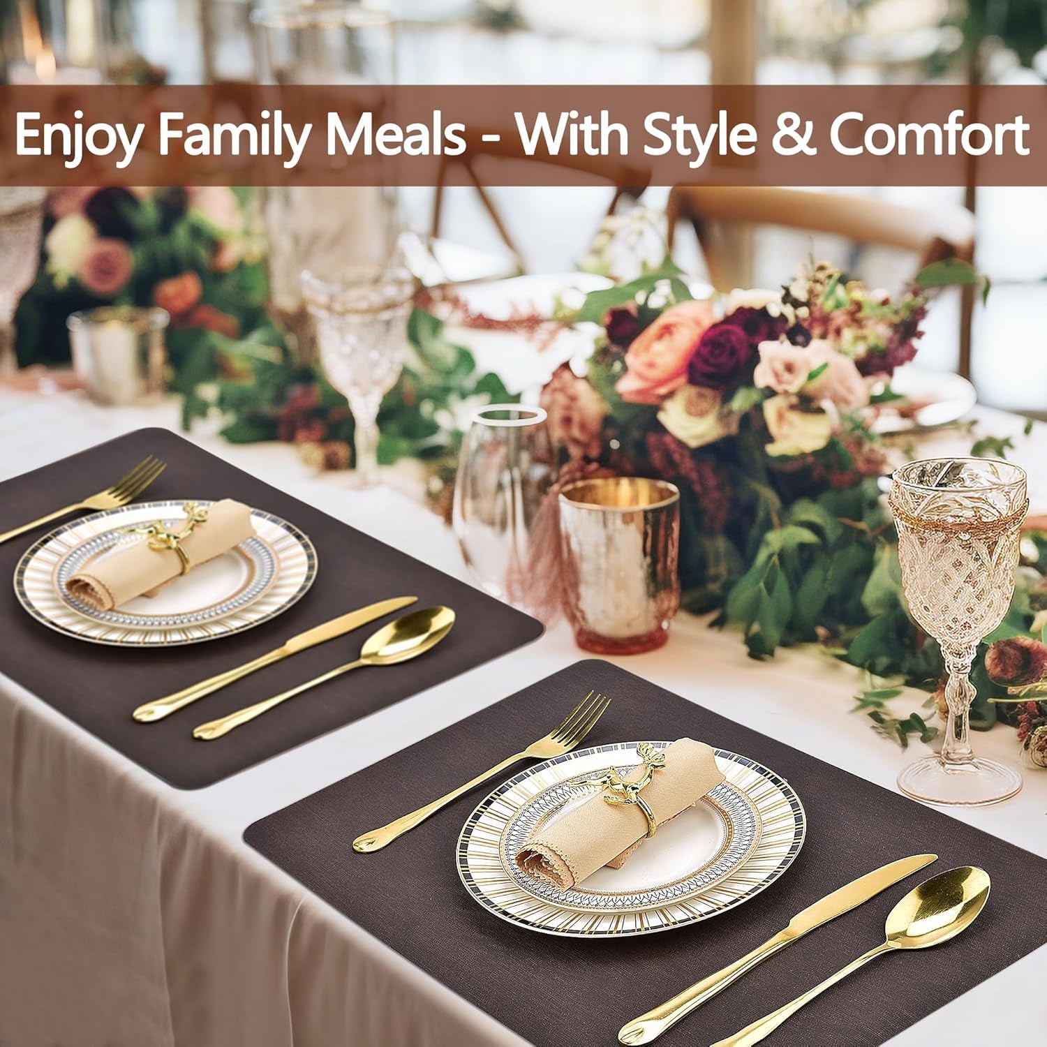 Faux Leather Placemats Set of 4 - Stain, Heat, and Spill Resistant, Non-Slip Design for Enhanced Dining and Kitchen Decor, 18 x 12 Inches (Dark Brown)