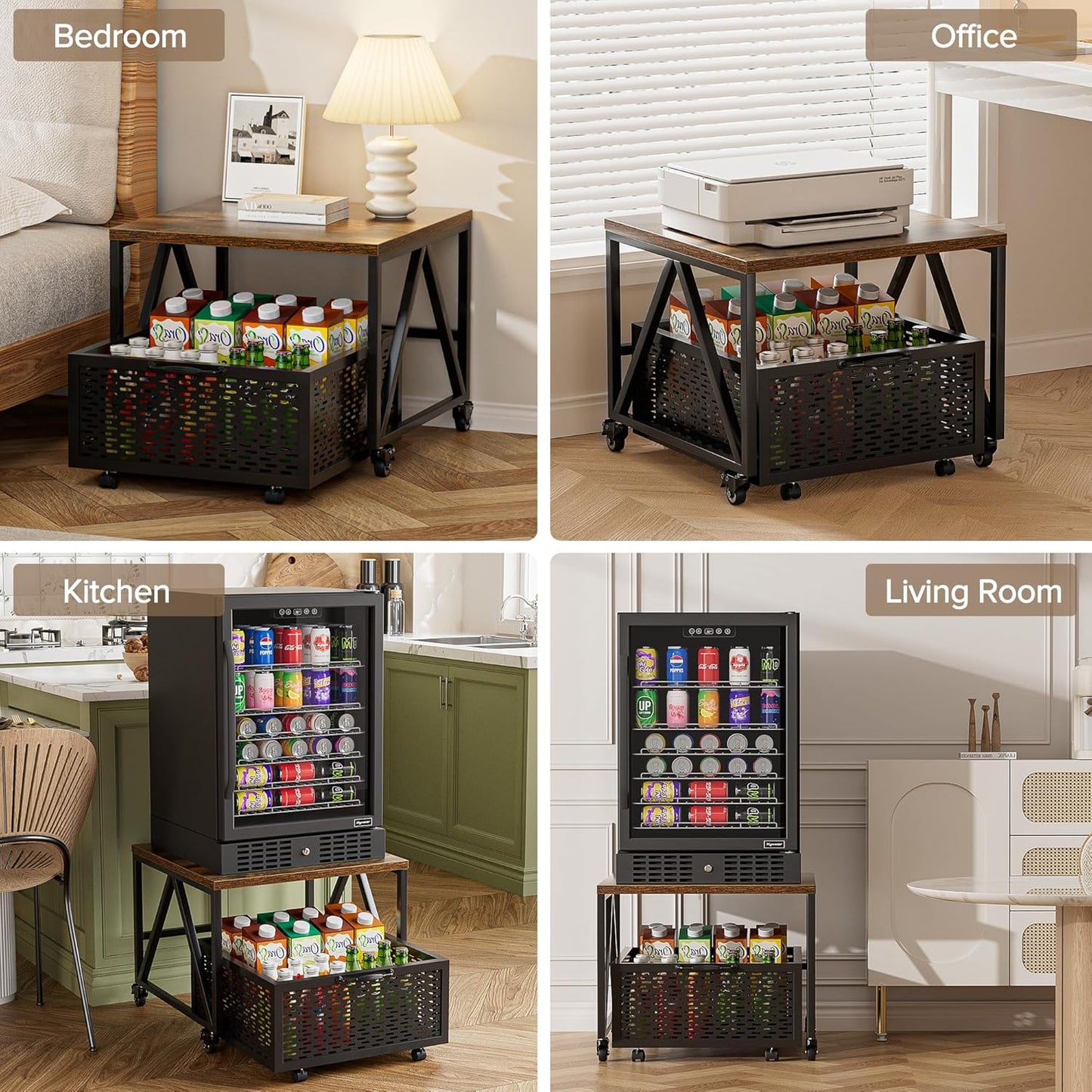 Mini Fridge Stand with Storage, Heavy Duty Fridge Cart with Drawer Basket, Mini Refrigerator Table for 220 LBS, Mobile Fridge Stand with Swivel Wheels for Dorm,Office,Home,Retro Brown