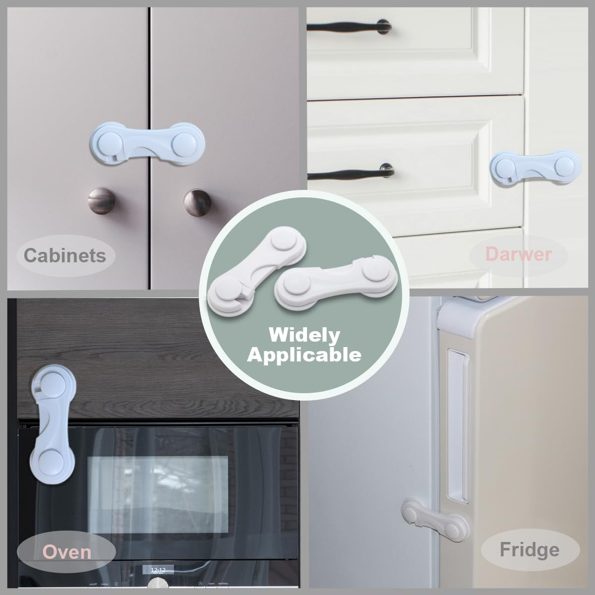 Child Safety Cabinet Door Locks - 4-Pack Adhesive Childproof Latches for Drawers, Cupboards, Refrigerators, Closets, and Pantries (White)