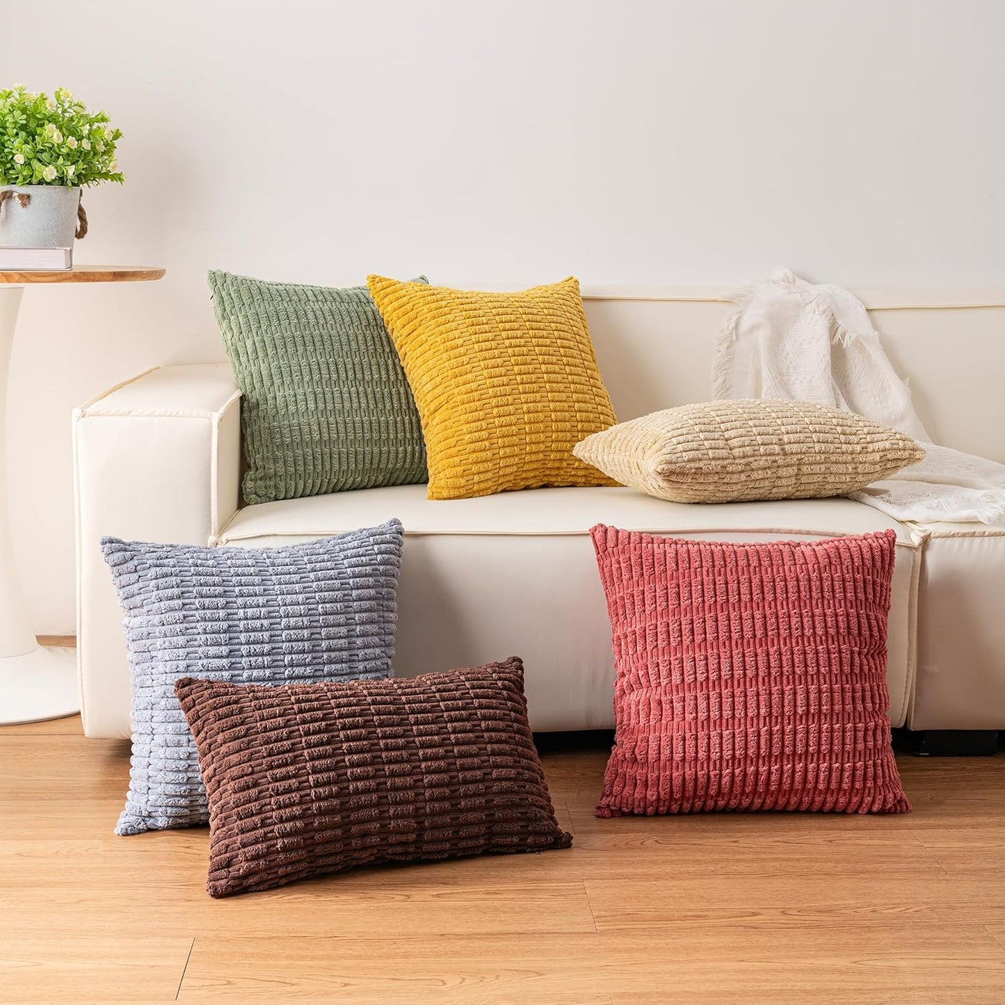 Pack of 2 Corduroy Decorative Throw Pillow Covers 18X18 Inchsoft Boho Striped Pillow Covers Modern Farmhouse Home Decor for Sofa Living Room Couch Bed(Coffee)