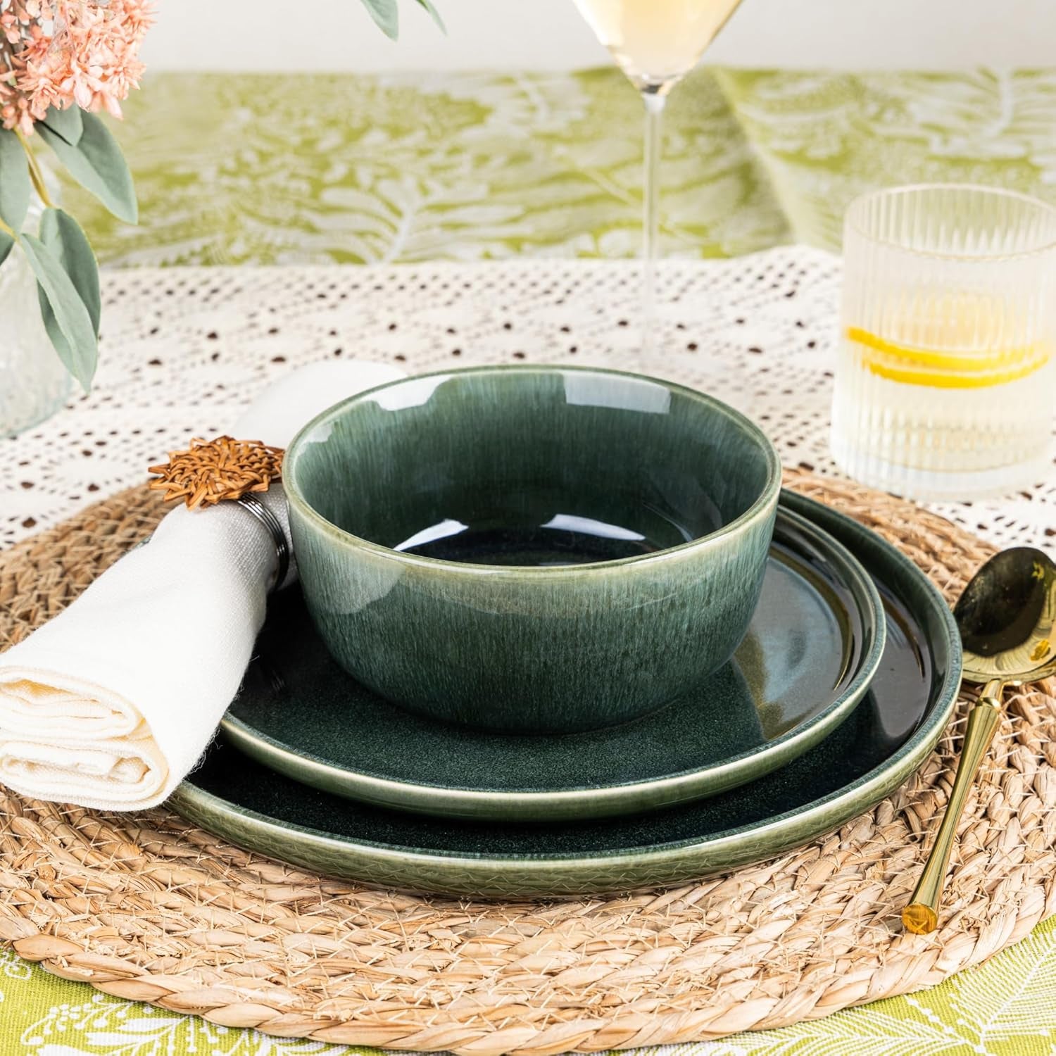 Ceramic Dinnerware Set for Six - 18-Piece Stoneware Plate and Bowl Collection with Reactive Glaze Finish, Scratch Resistant, Dishwasher and Microwave Safe, Earth Green