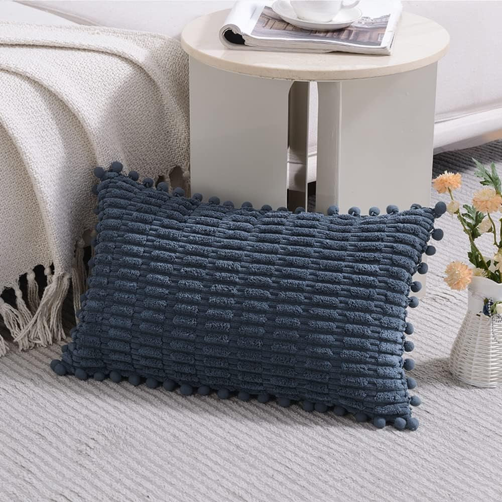 2 Packs Dusty Blue Decorative Throw Pillow Covers 12X20 Inch with Pom-Poms for Couch Bed Living Room, Farmhouse Boho Home Decor, Soft Corduroy Cute Lumbar Cushion Case 30X50 Cm