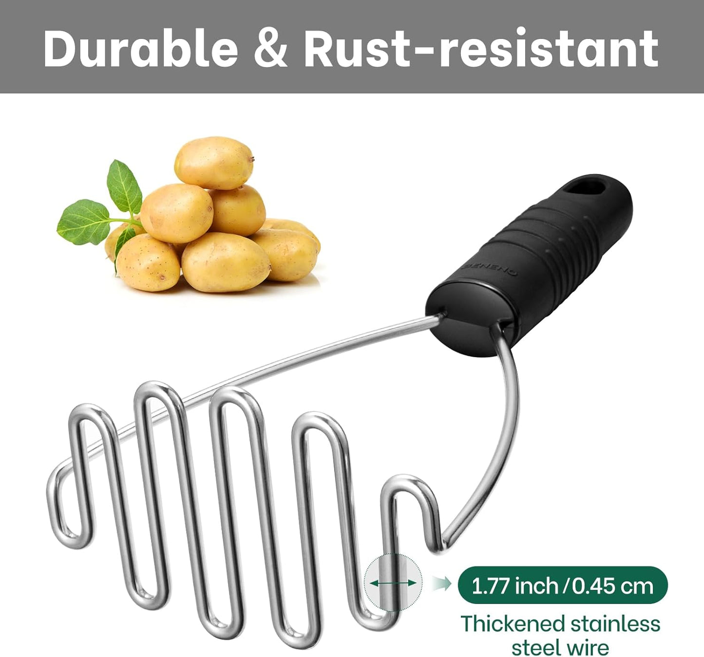 Stainless Steel Wire Potato Masher, Heavy Duty Sturdy Easy Grip Masher Kitchen Tools with Non-Slip Soft Rubber Handle, Effortless Mashing Tool for Potatoes, Avocados, Dishwasher Safe, Rustproof