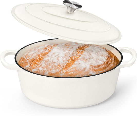 Oval Dutch Oven with Lid, Enameled Cast Dutch Oven Pot for Bread Baking, Braising, Stewing, Roasting, Non-Stick & Oven Safe, Dual Handles & Easy Clean, 5QT & White