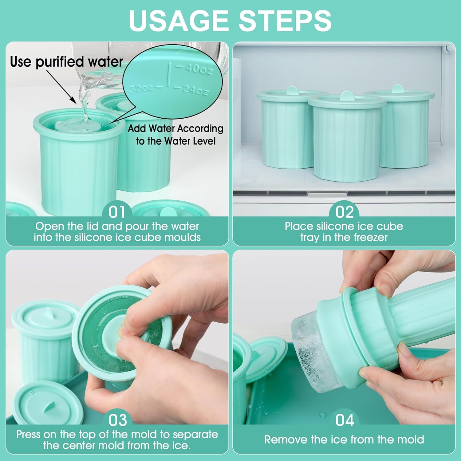 Ice Cube Tray for Owala Freesip Bottle 24-40Oz, No White Residue, Easy Fill and Release Ice Maker, 3 Pcs Silicone Ice Cube Molds for Chilling Cocktails, Whiskey, Drinks, Coffee