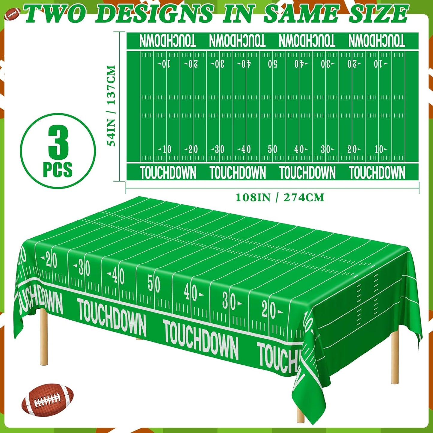 Football Party Supplies - 3PCS Touchdown Tablecloths, Disposable Tablecloths, Plastic Table Cover, Touchdown Theme Table Runner for Game Day, Birthday Party Decorations