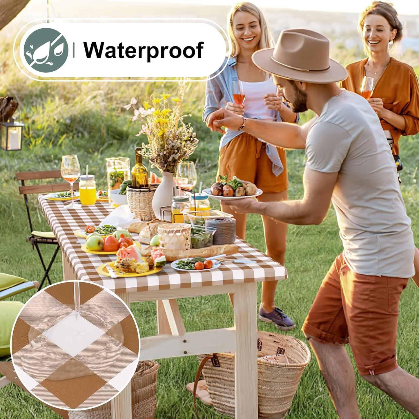 Buffalo Rectangle Picnic Tablecloth, 6 Foot Elastic Fitted Vinyl Table Cloth with Flannel Backing, Waterproof Plaid Table Covers for Dining, Camping, Outdoor (Brown and White, 30" X 72")