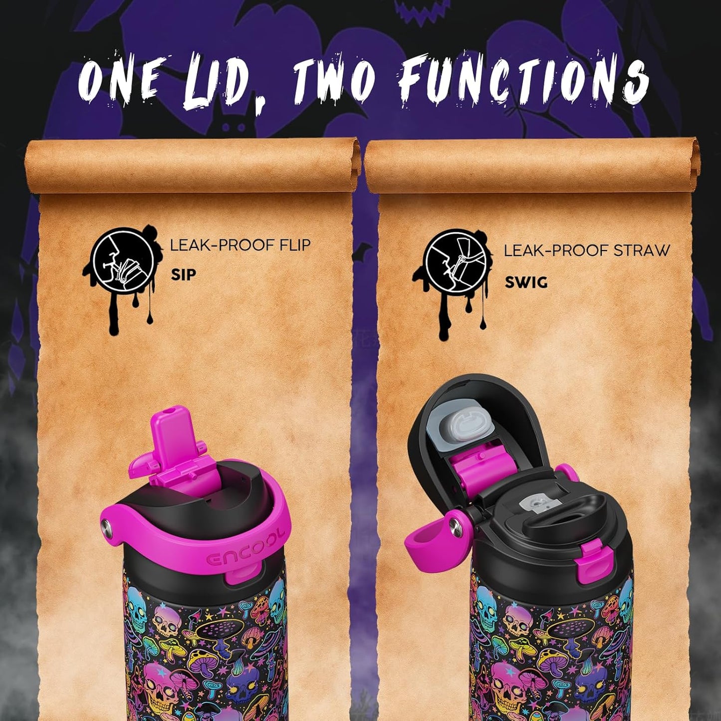 Halloween Gothic Water Bottle with Straw, Stainless Steel Insulated Water Bottle,Leak Proof, One-Touch Flip Lid, BPA Free, Holiday Gifts for Women Men, 24Oz, Trippy Skulls