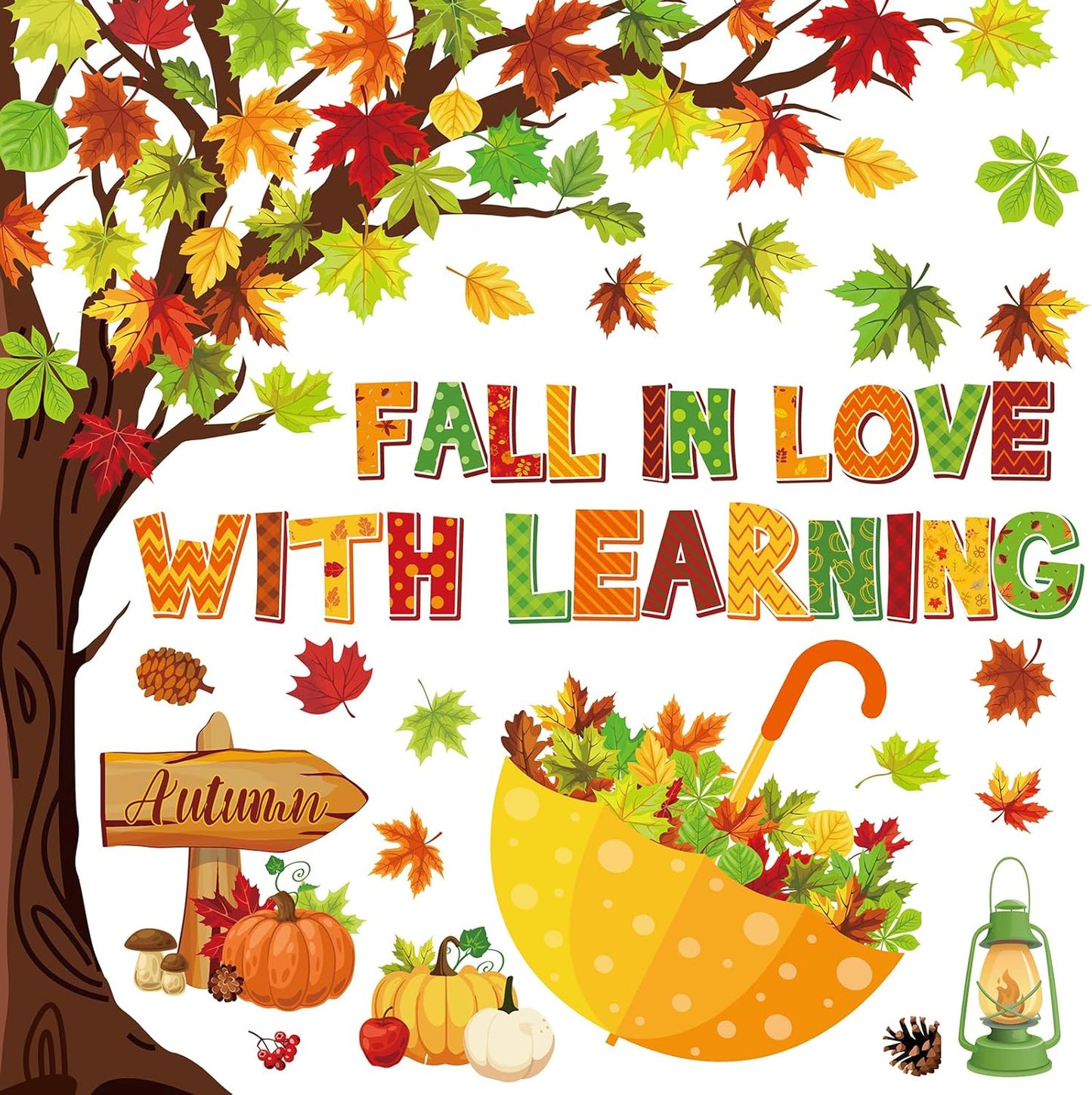 91Pcs Fall in Love with Learning Bulletin Board Decor Set Fall Tree Pumpkin Maple Leaves Umbrella Cutouts with Glue Points for Thanksgiving Autumn Home School Classroom Wall Blackboard Decorations