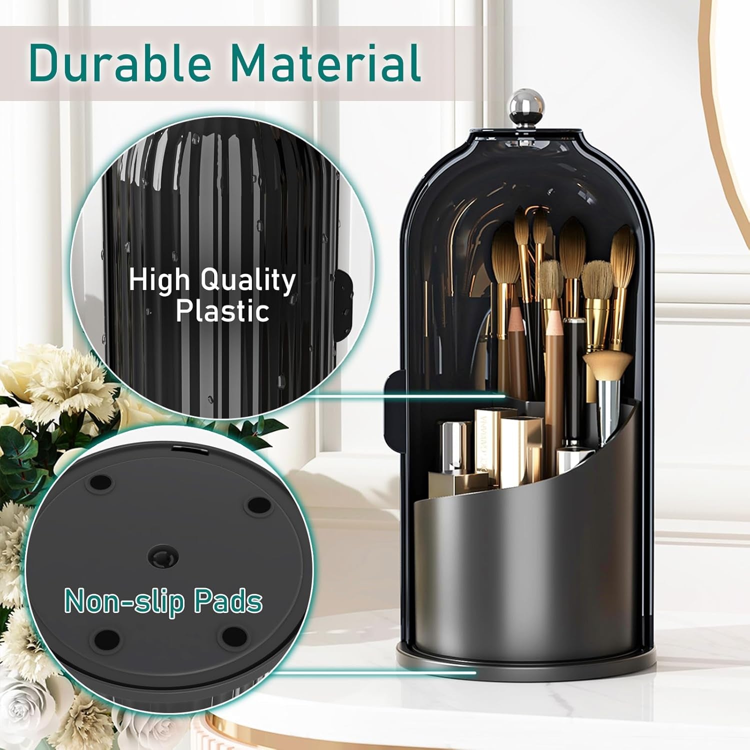 Makeup Brush Holder with Lid Cosmetic Tools Organizer 360 Rotating Waterproof Dustproof Beauty Brushes Storage for Vanity, Dark Black