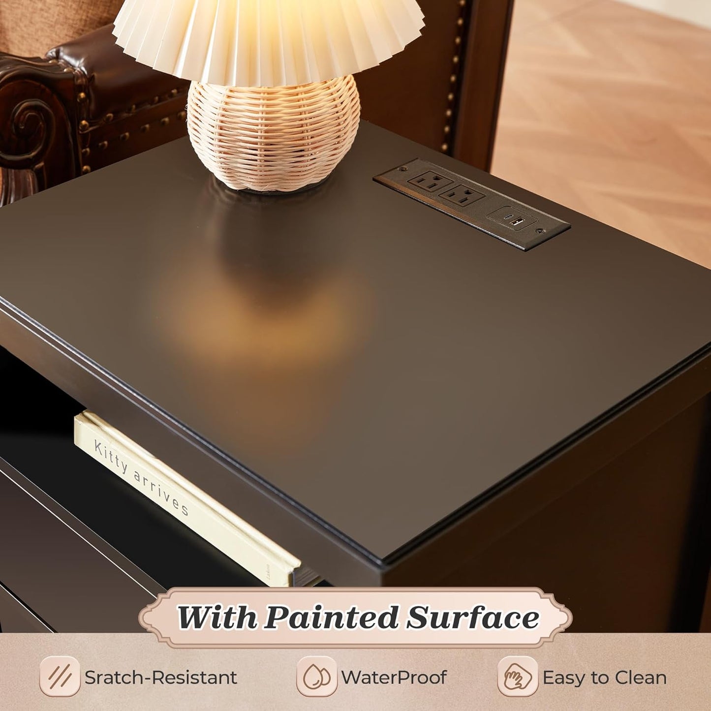Modern Black Nightstand with Charging Station and Two Drawers, Stylish Bedside Table with Storage Solutions and Metal Knobs