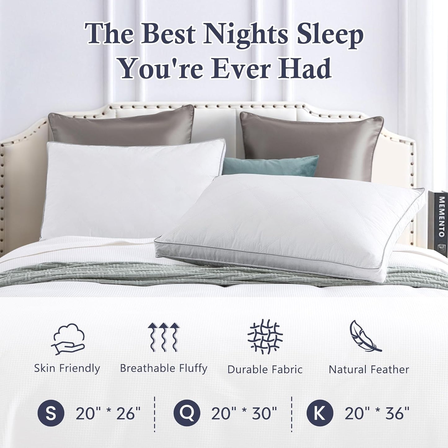 ® Goose Feathers and down Pillows - Made in USA, Pillows Queen Size Set of 2, Hotel Pillow with 100% Cotton Cover, Luxury Gusseted Bed Pillows for Sleeping