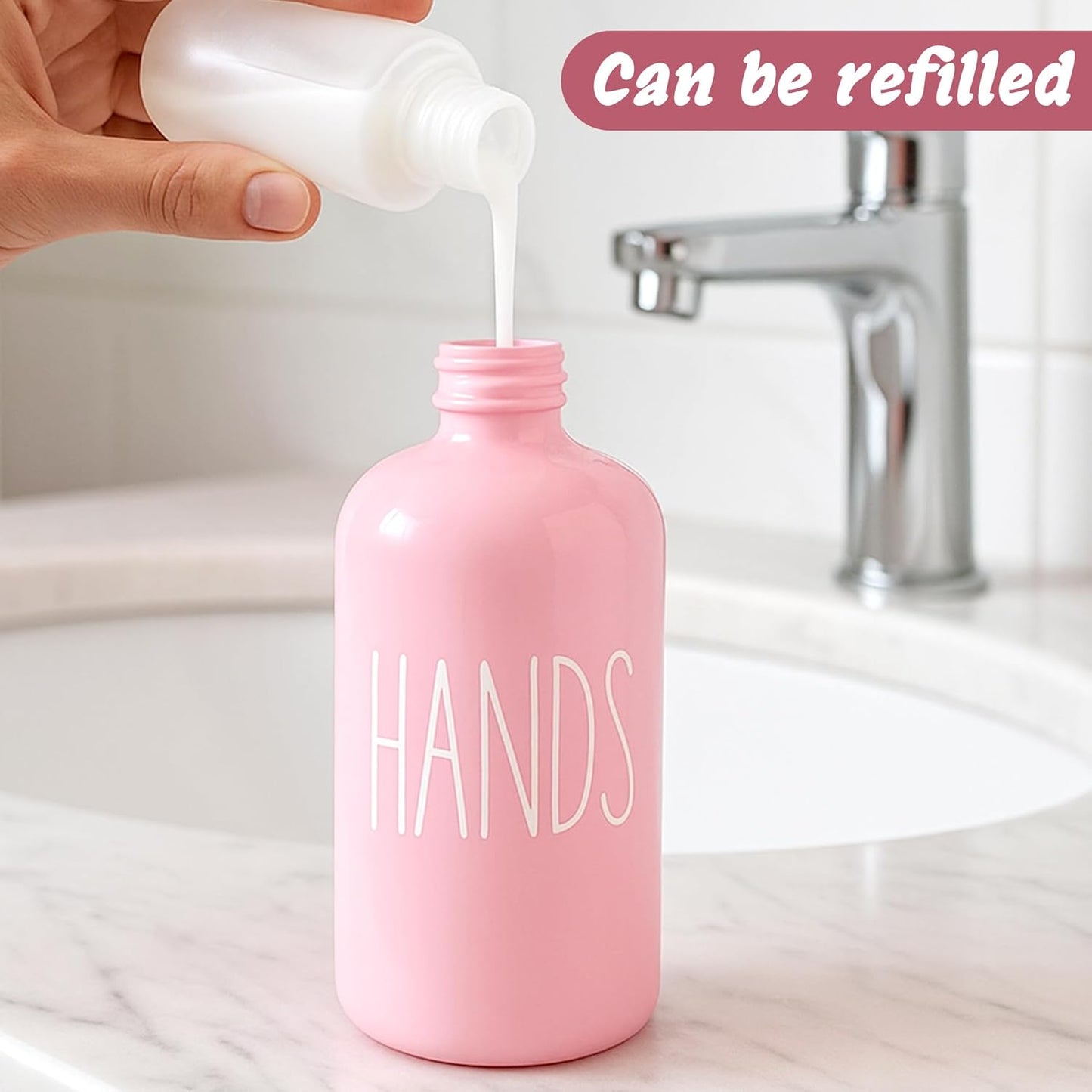 16 OZ Pink Soap Dispenser Women,2 Pack Glass Refillable Dish and Hand Bottles Set Pump Bottle,House Decor Kitchen Accessories with Wooden Pallet Girly