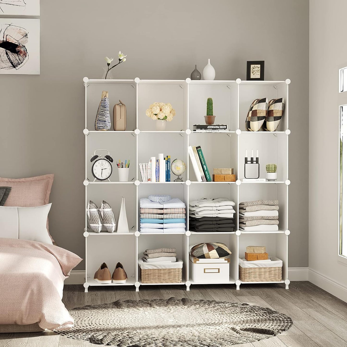 Cube Storage Organizer, 16 Cube Closet Organizer, Stackable Storage Cube Shelves, DIY Portable Closet Clothes Organizer Shelving for Bedroom, Closet, Wardrobe, Bathroom, White