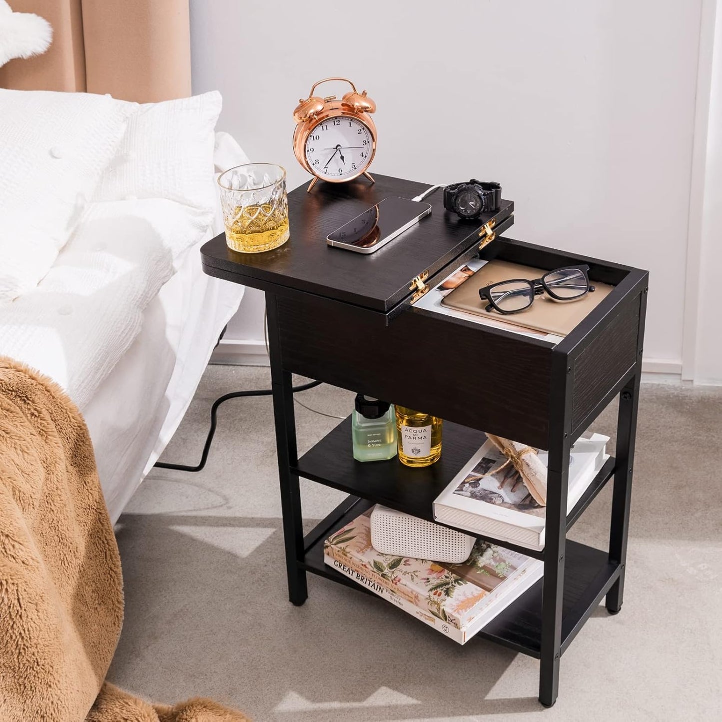 End Table with Charging Station, Flip Top Side Table with USB Ports and Outlets, Sofa Couch Table Bedside Table for Living Room Bedroom, Narrow Nightstand with Storage Shelves for Small Space