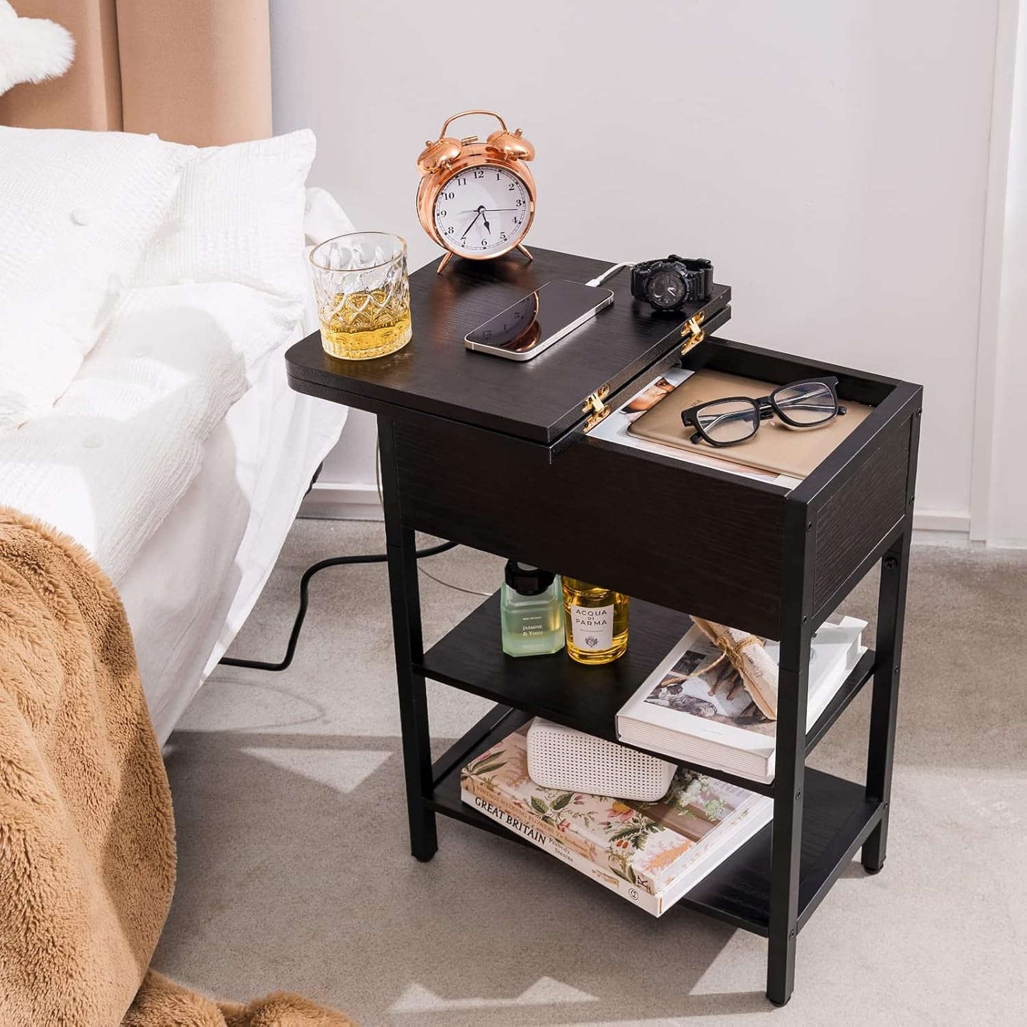 End Table with Charging Station, Flip Top Side Table with USB Ports and Outlets, Sofa Couch Table Bedside Table for Living Room Bedroom, Narrow Nightstand with Storage Shelves for Small Space