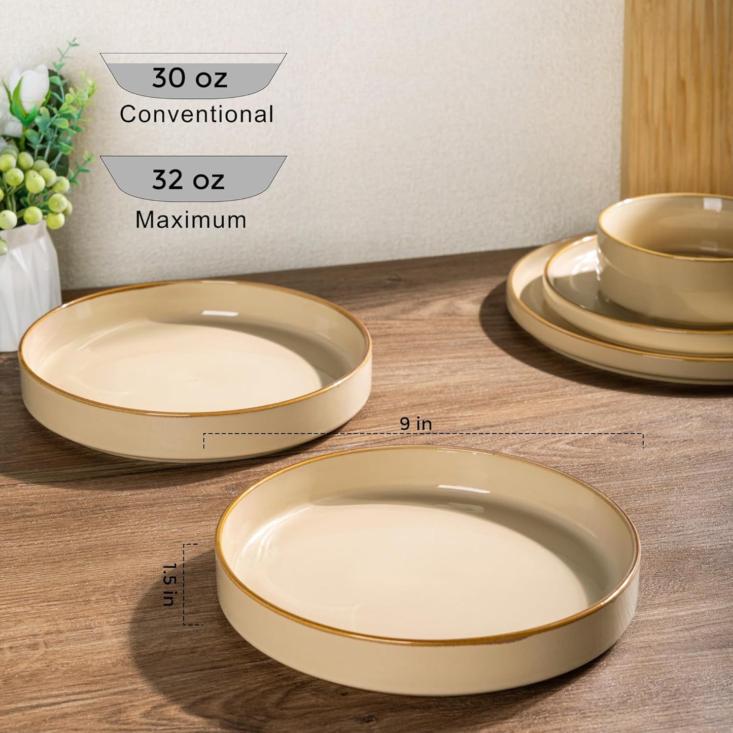 Large 9-Inch Ceramic Pasta Bowls Set of 4, 32 Oz Stoneware Serving Bowls for Kitchen Use, Versatile Wide Bowls for Fruit, Pasta, Salad, Oatmeal, Microwave Safe with Reactive Glaze in Warm Sand Finish