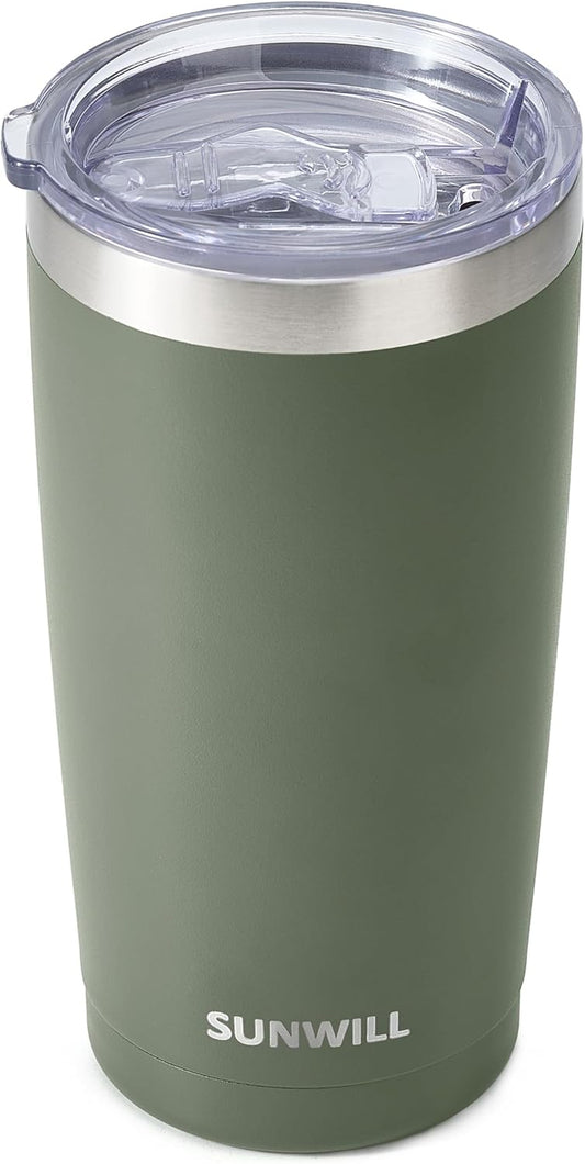 Travel Coffee Tumbler 20 Oz, Insulated Mug with Lid, Stainless Steel Iced Cup for Outdoor, Powder Coated Camp Green