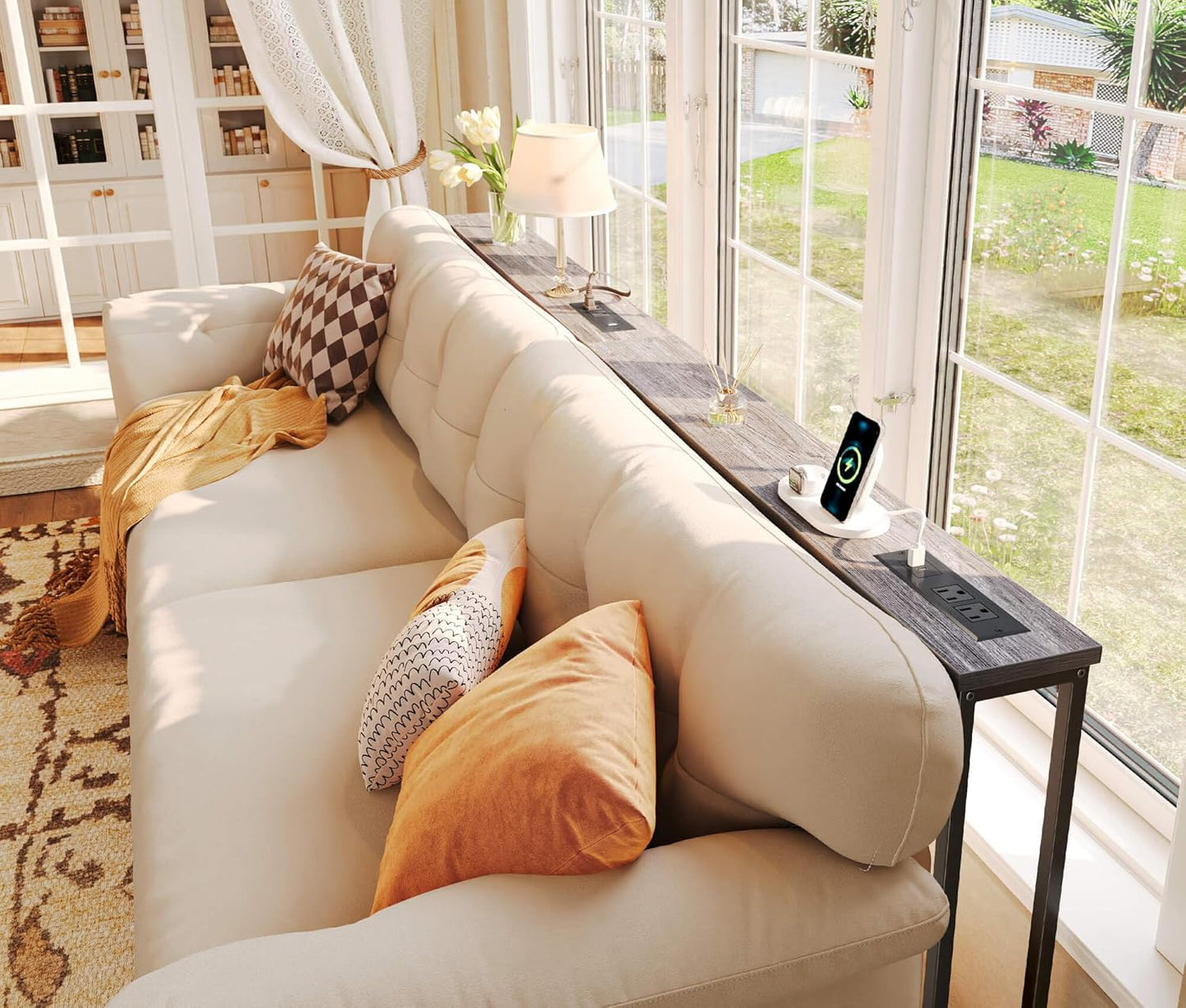 5.9-Inch Narrow Console Table Set of 2 with Outlet, 78-Inch Length, Behind Couch and Entryway Tables with Charging Station, Charcoal Gray for Living Room