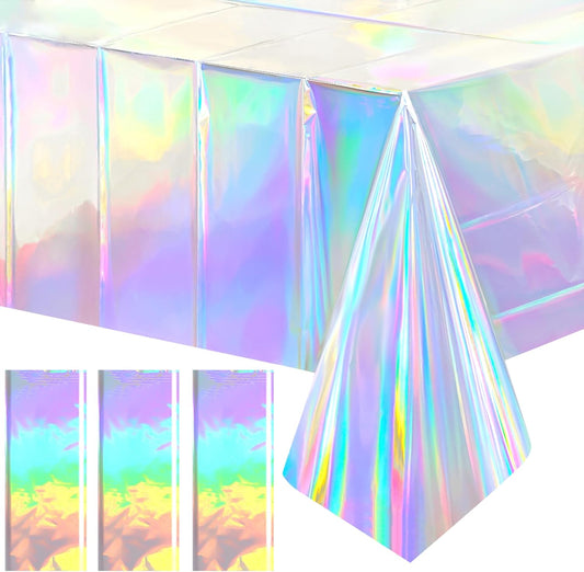 Iridescent Holographic Foil Tablecloths - Set of 3, 54 x 72 Inches, Waterproof Plastic Covers for Birthday, Christmas, Wedding, Bridal Shower, and Anniversary Celebrations