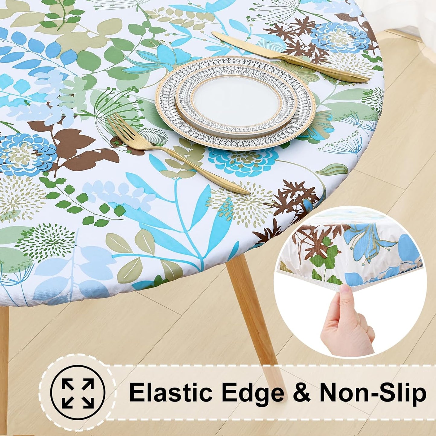 round Fitted Tablecloth with Elastic Edge, 100% Waterproof Oil Proof Plastic Table Cover, Vinyl Flannel Backed Tablecloth Fits 45"-56" round Tables for Dinner, Outdoor, Picnic, Leaves