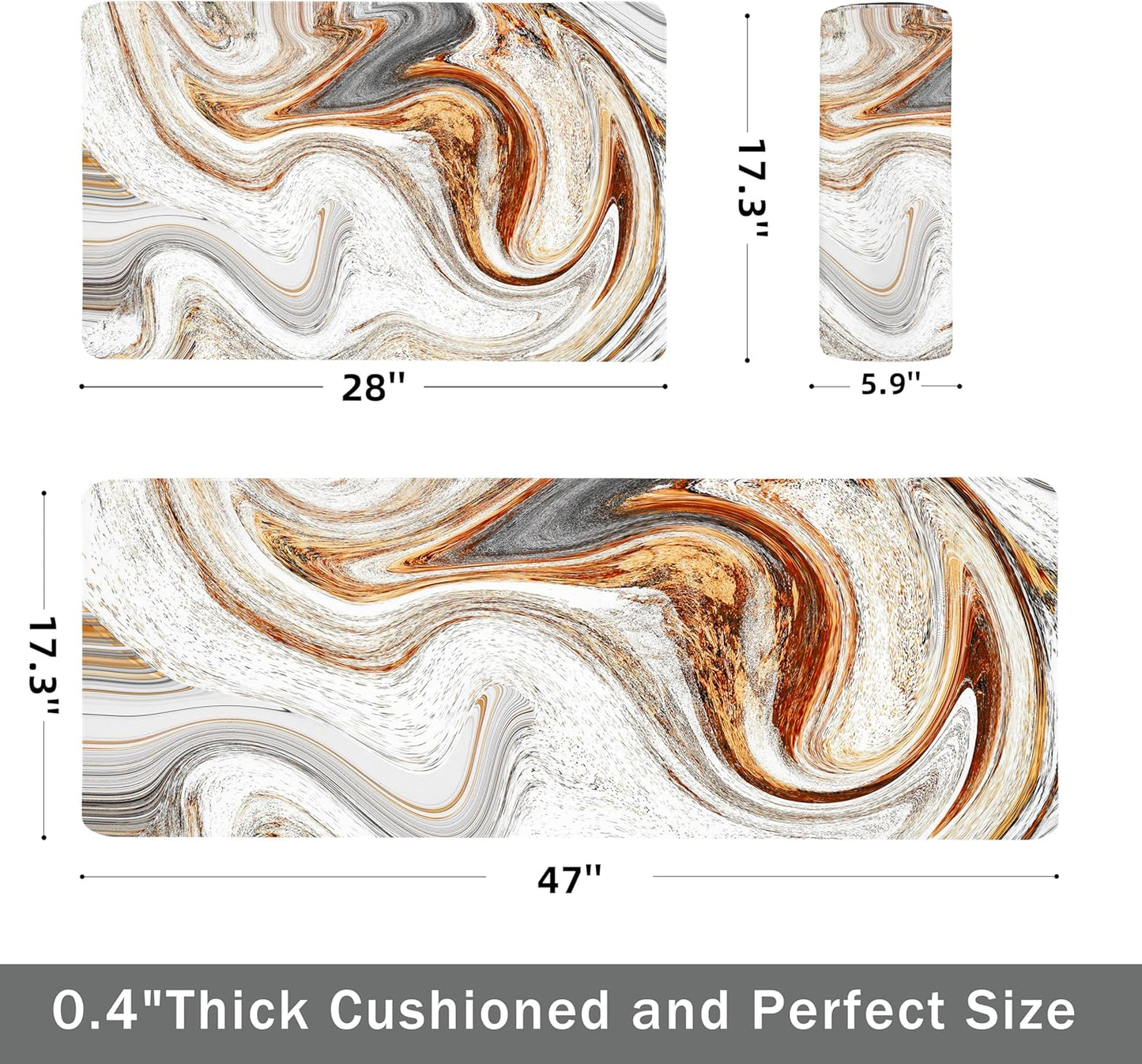 Kitchen Mats for Floor anti Fatigue Floor Marble Cushioned Memory Foam Non Slip PVC Leather Padded Comfort Standing Rugs Set of 2, 17.3X28+17.3X47 Inch,0.4 Inch Thick