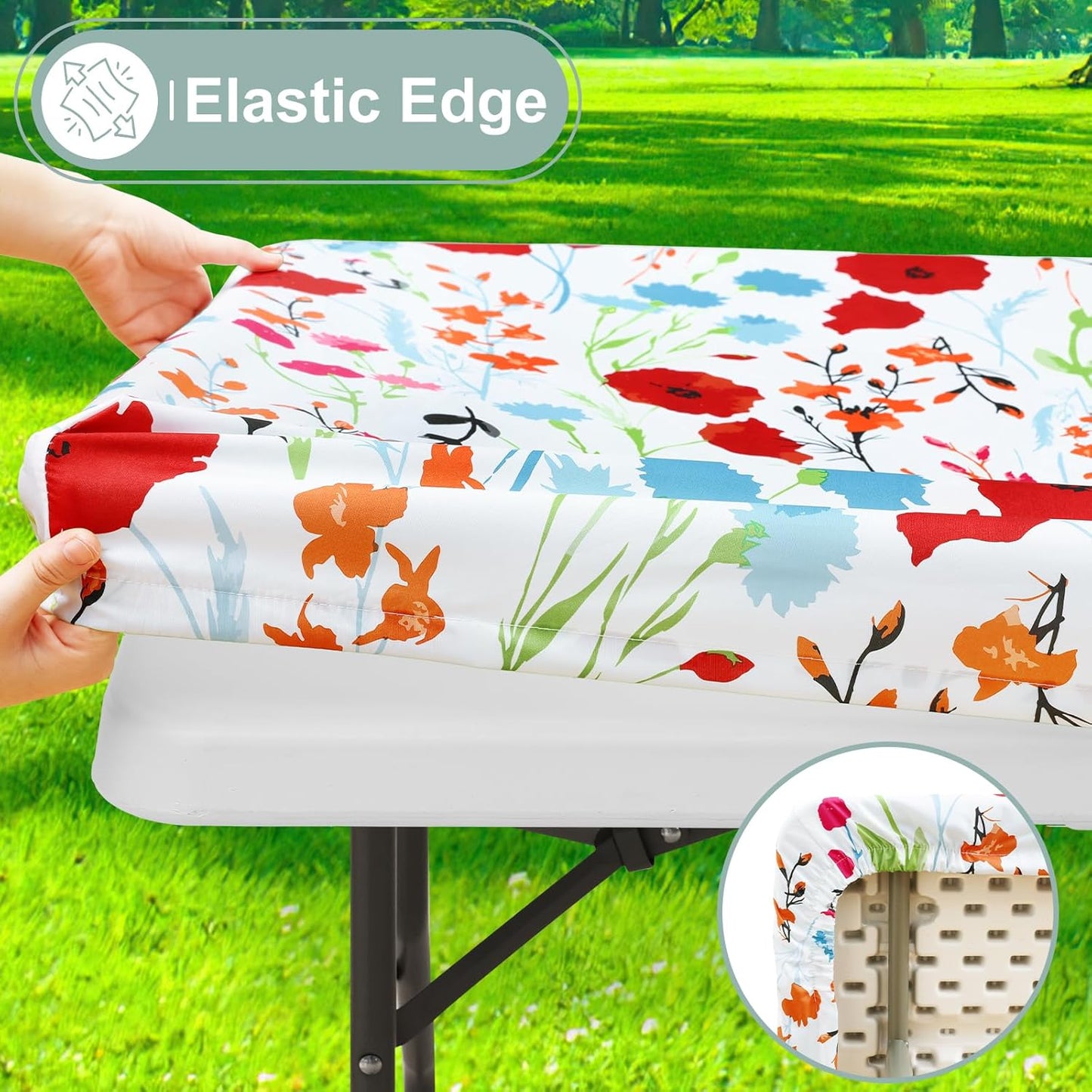 Picnic Table Cover with Bench Cover, Waterproof Elastic Fitted Tablecloth for 6 Foot Tables, Rectangle Washable Polyester Fabric Tablecloths for Picnic, Camping, Outdoor (Flower, 30" X 72")