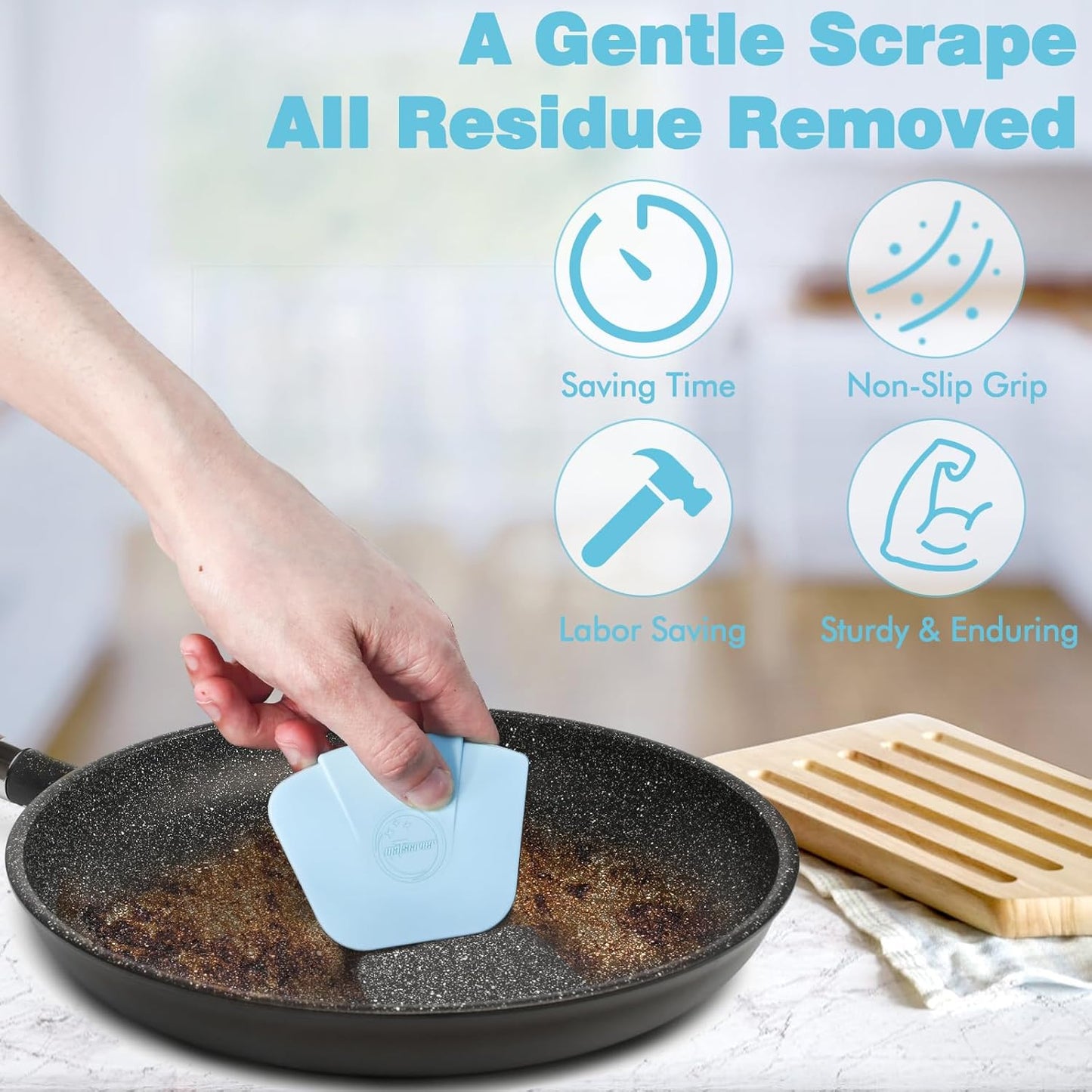 Pan Scraper Dish Scraper Tool - Pot Scraper Plastic for Cast Iron Skillet Cookware Cleaning, 6 Pcs Non Scratch Plastic Food Scraper Tool Kitchen, Heat Resistant Kitchen Scraper, Blue