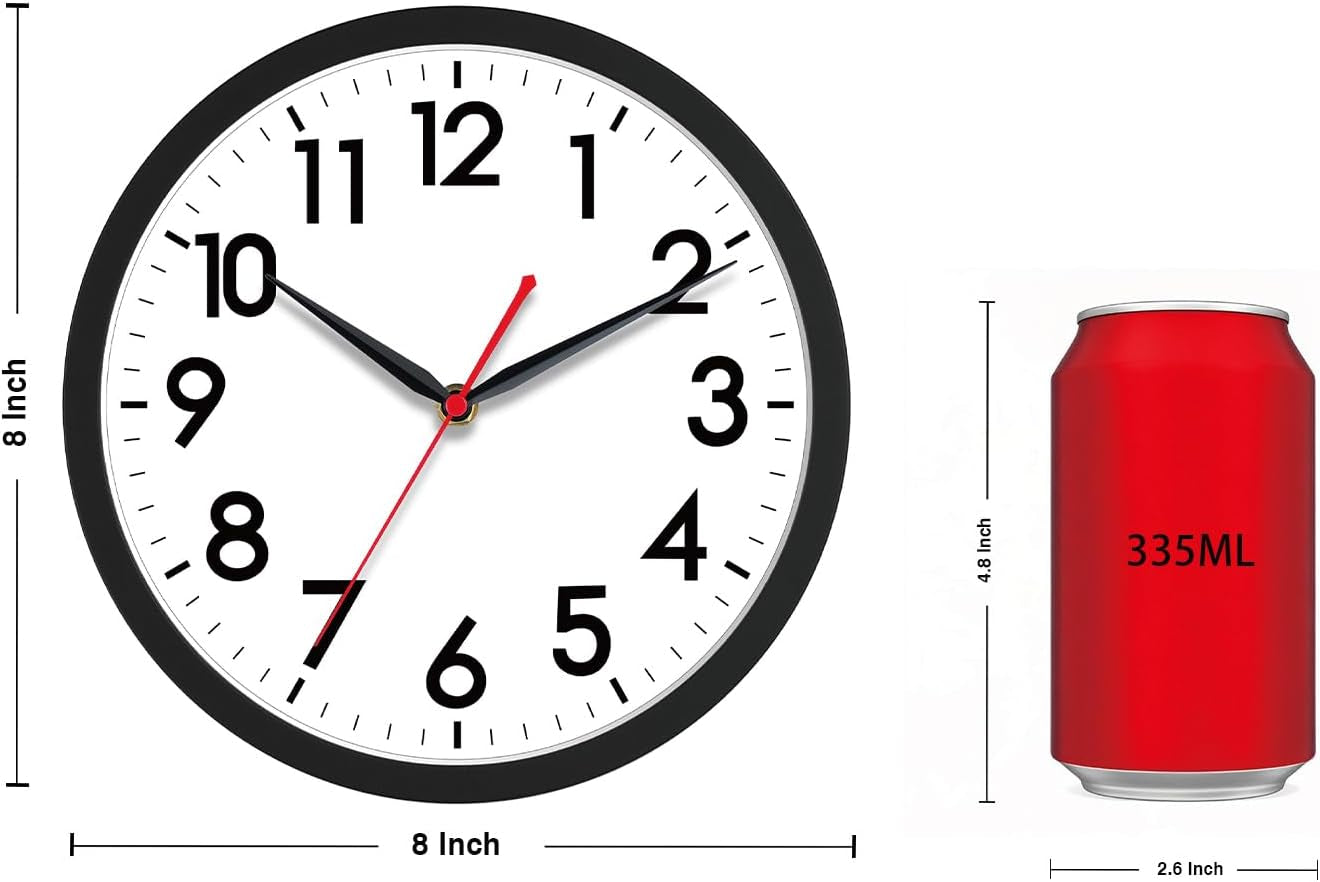 Wall Clock, Modern Small Wall Clocks Battery Operated 8 Inch, Silent Non-Ticking Analog Classic for Office, Home, Bathroom, Kitchen, Bedroom, School(Black)